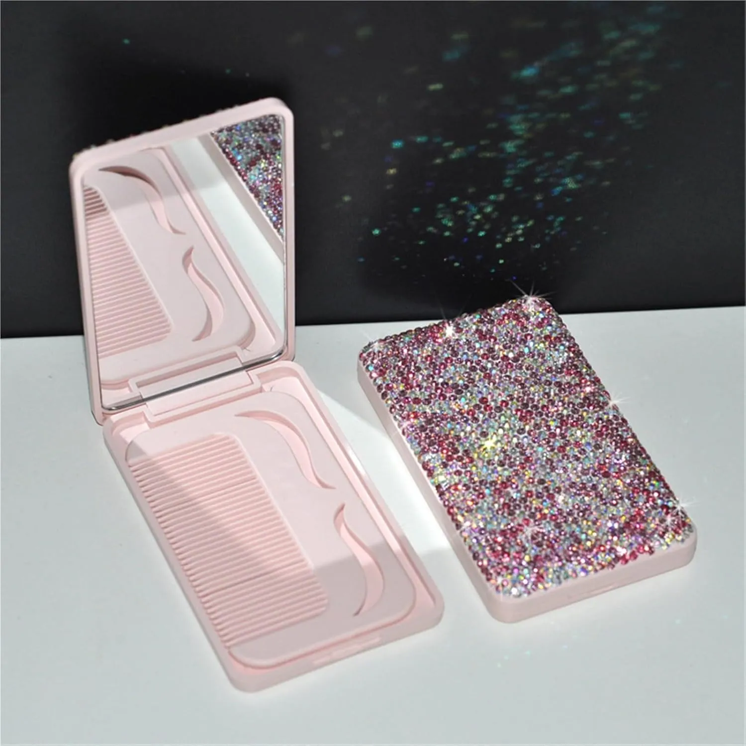 Beauty Mirror New Compact Folding Mirror with Comb Makeup Mirror Portable Vanity Mirror Diamond Square Small Mirror