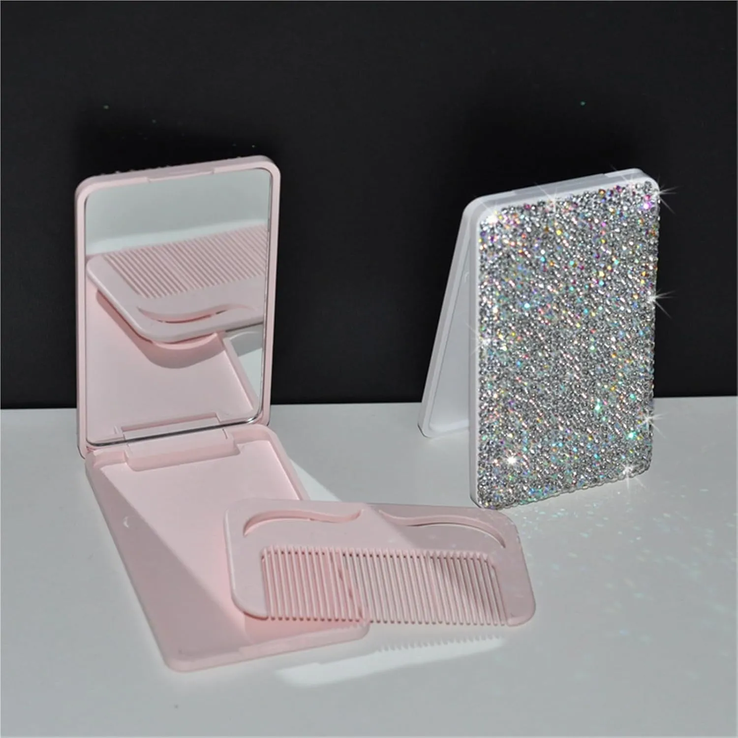 Beauty Mirror New Compact Folding Mirror with Comb Makeup Mirror Portable Vanity Mirror Diamond Square Small Mirror