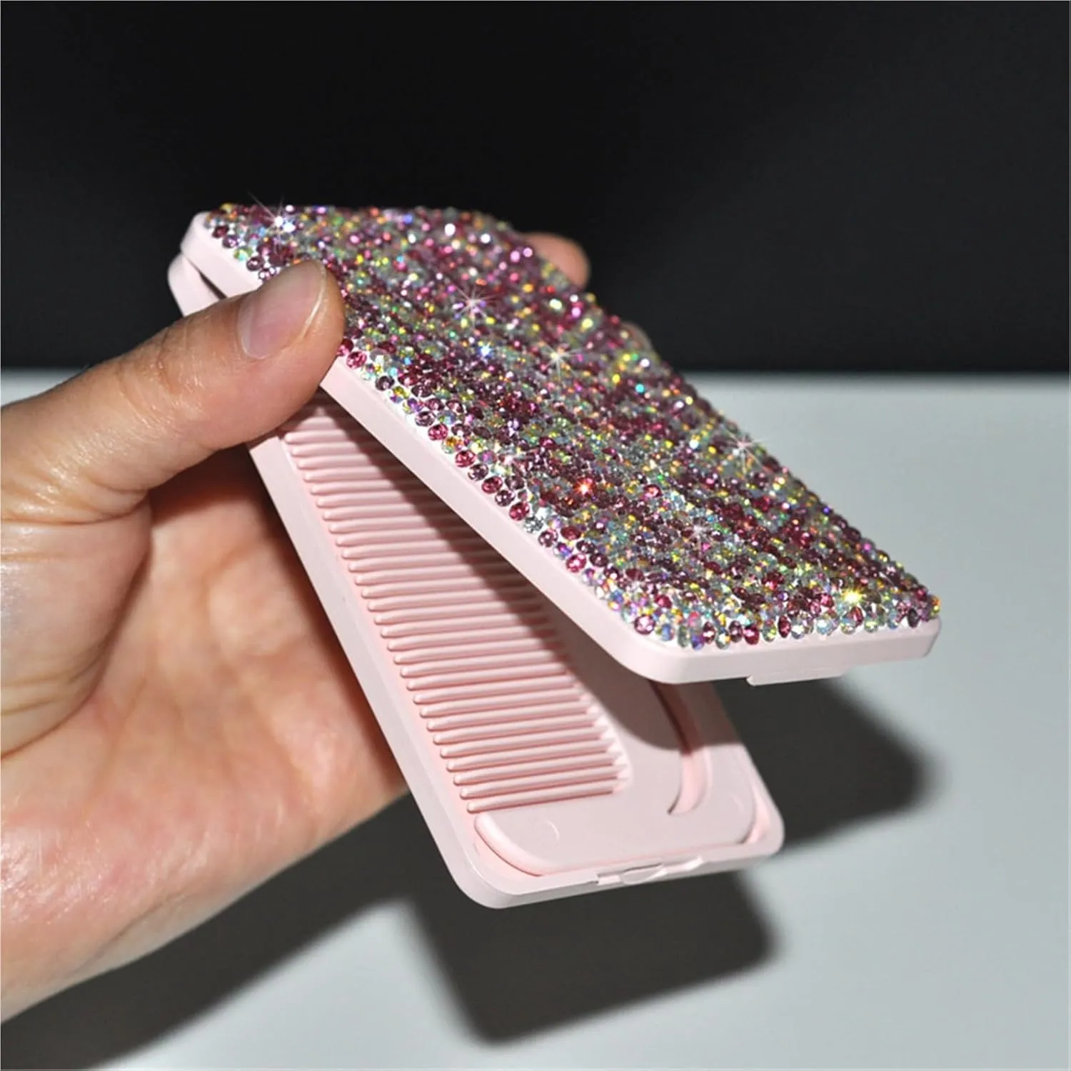 Beauty Mirror New Compact Folding Mirror with Comb Makeup Mirror Portable Vanity Mirror Diamond Square Small Mirror