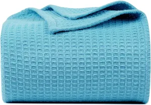Bed Bath & Home Waffle Texture 100% Cotton Blanket - Ideal for Home Decor & Snuggle - Soft Cozy Breathable Lightweight Layering All Season Thermal Blanket Twin (60 x 90 Inches) Blue
