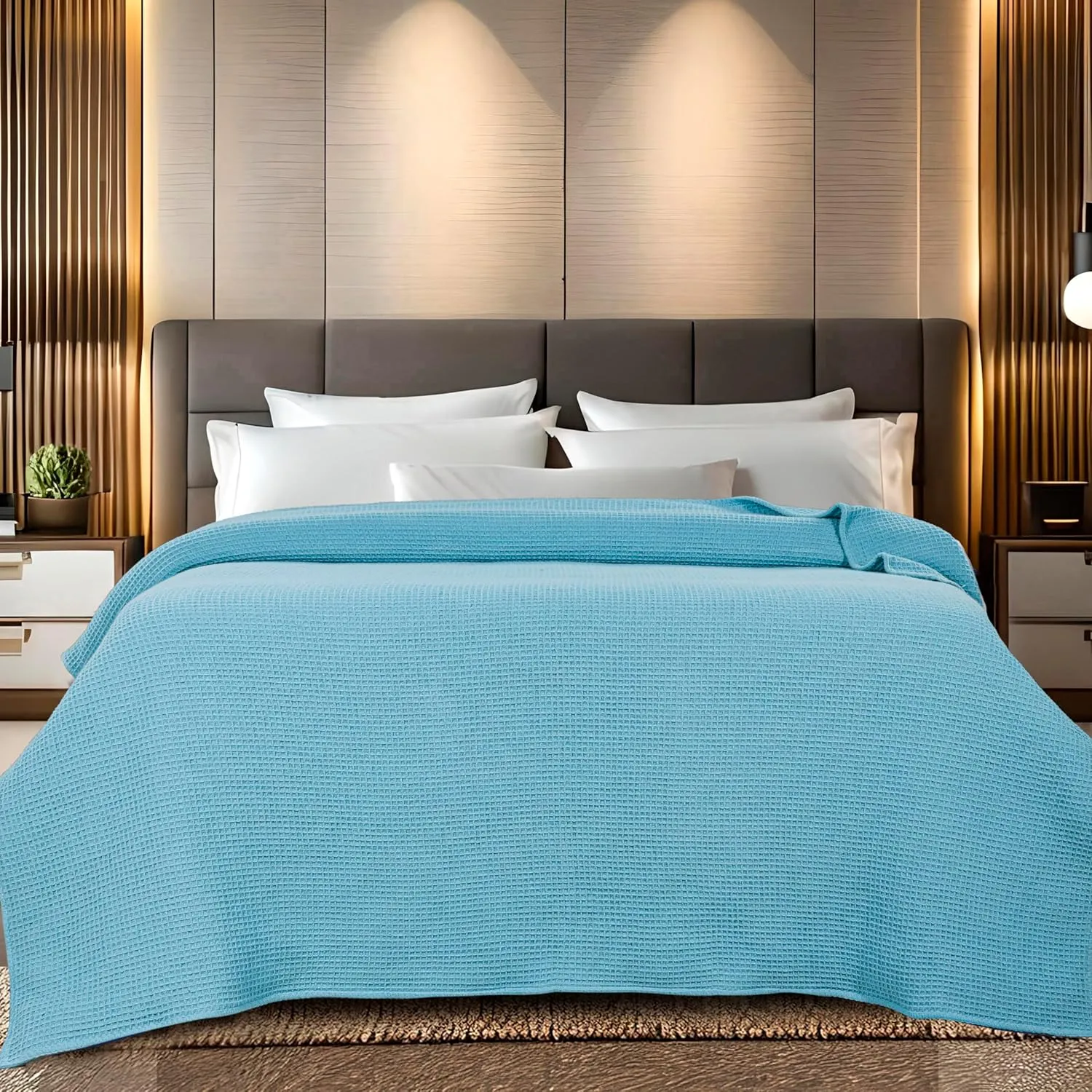 Bed Bath & Home Waffle Texture 100% Cotton Blanket - Ideal for Home Decor & Snuggle - Soft Cozy Breathable Lightweight Layering All Season Thermal Blanket Twin (60 x 90 Inches) Blue