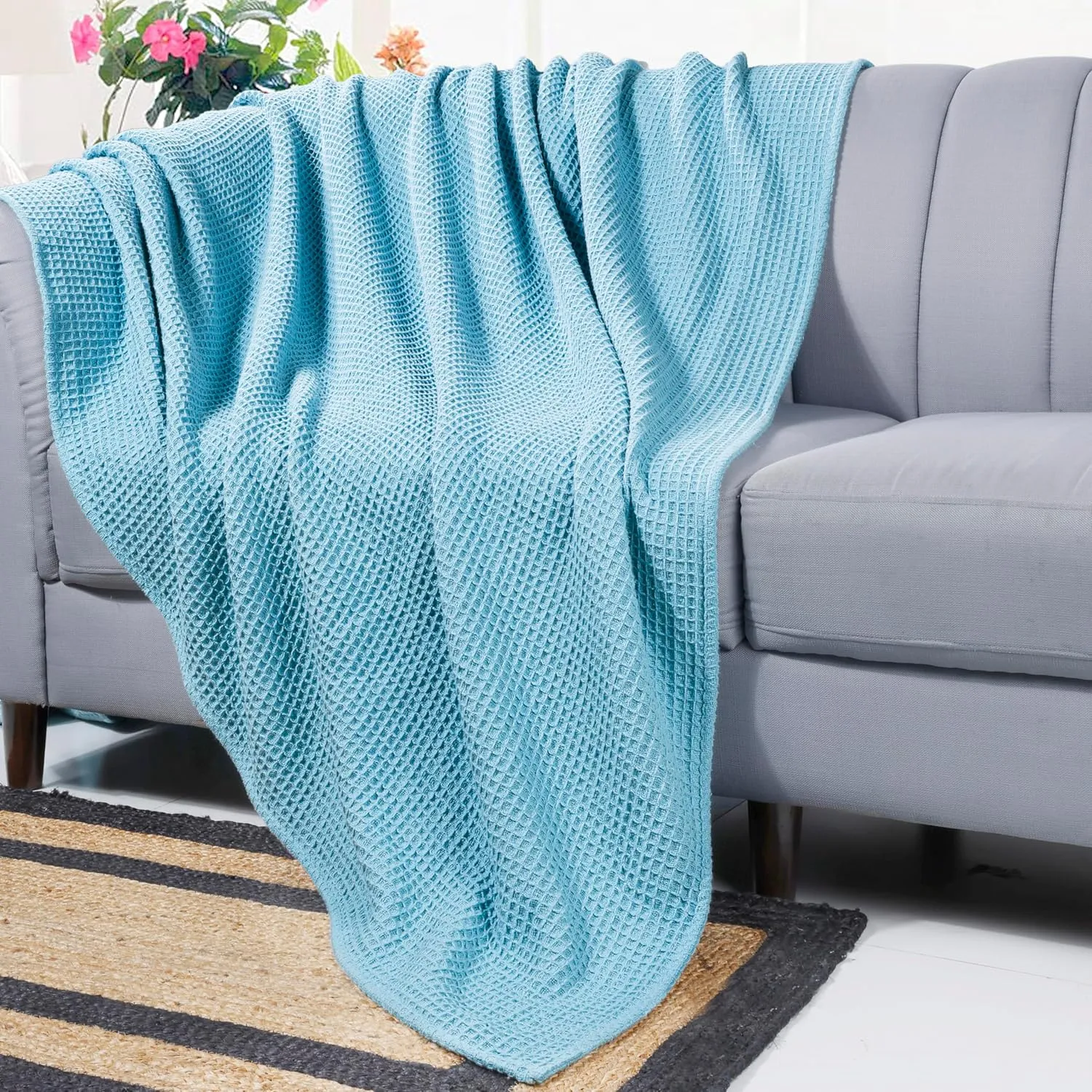 Bed Bath & Home Waffle Texture 100% Cotton Blanket - Ideal for Home Decor & Snuggle - Soft Cozy Breathable Lightweight Layering All Season Thermal Blanket Twin (60 x 90 Inches) Blue