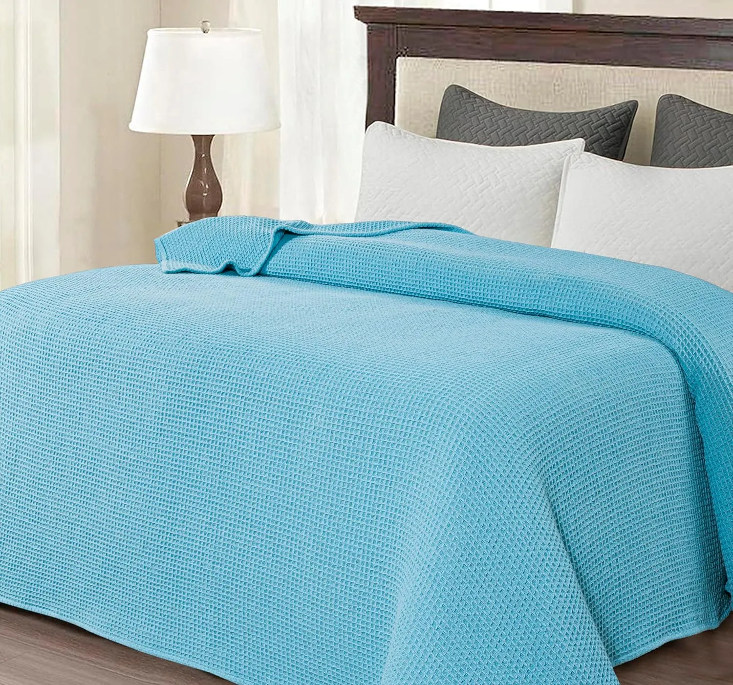 Bed Bath & Home Waffle Texture 100% Cotton Blanket - Ideal for Home Decor & Snuggle - Soft Cozy Breathable Lightweight Layering All Season Thermal Blanket Twin (60 x 90 Inches) Blue
