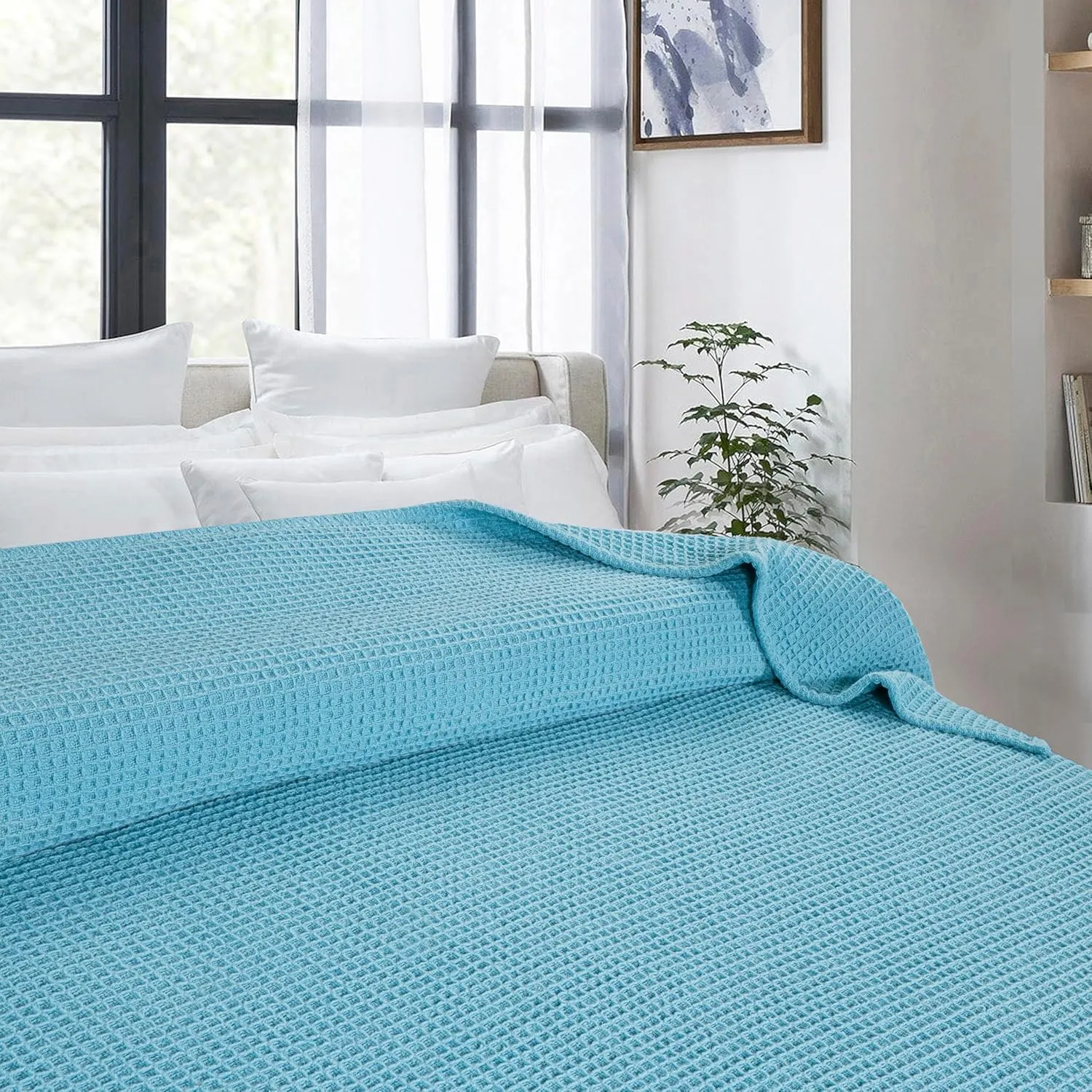 Bed Bath & Home Waffle Texture 100% Cotton Blanket - Ideal for Home Decor & Snuggle - Soft Cozy Breathable Lightweight Layering All Season Thermal Blanket Twin (60 x 90 Inches) Blue