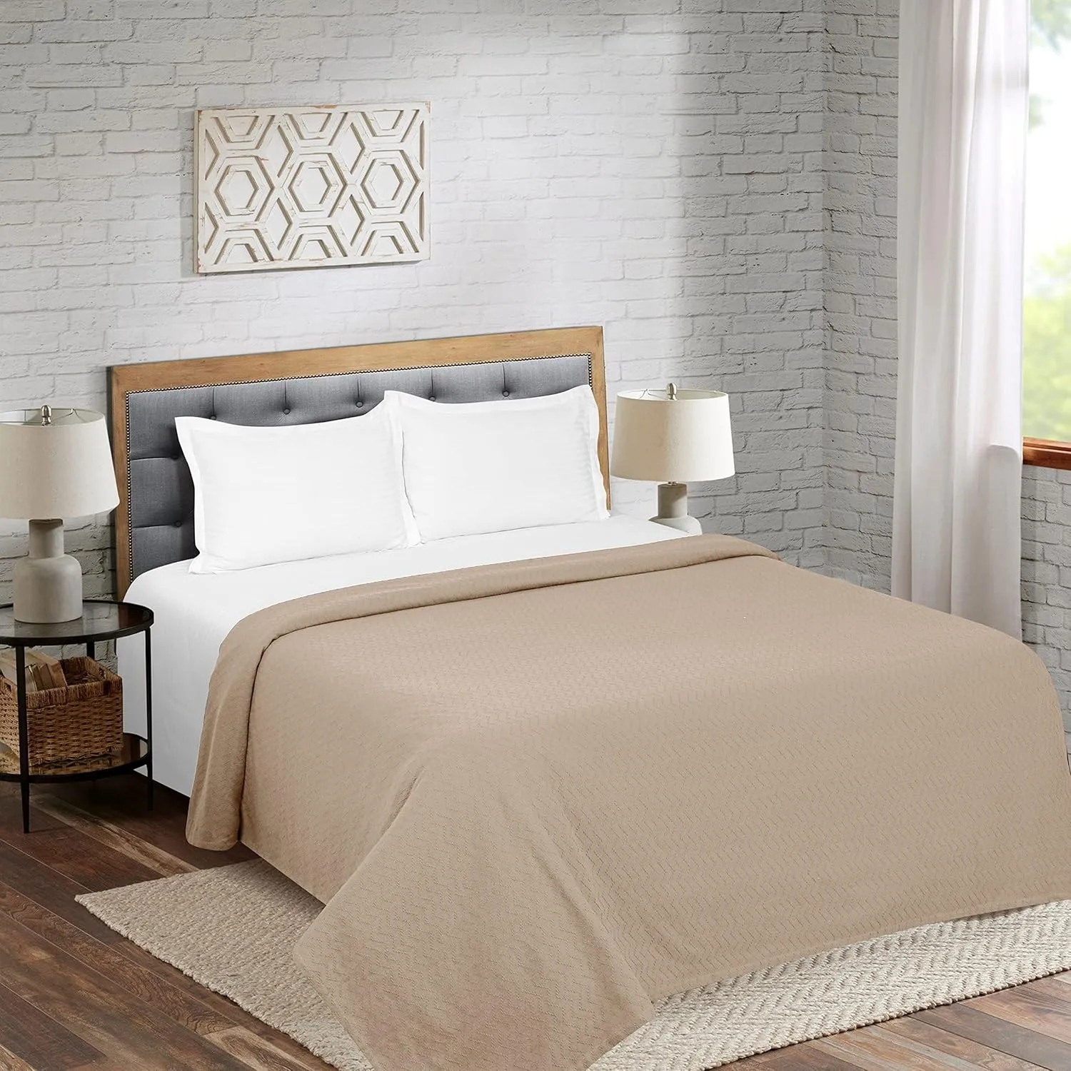 BELIZZI Home 100% Cotton Bed Blanket, Breathable Thermal Blanket Twin Size, Soft Chevron Thermal Blanket 60"x90", Cotton Bed Blanket, Perfect for Layering Any Bed for All Season, Beige