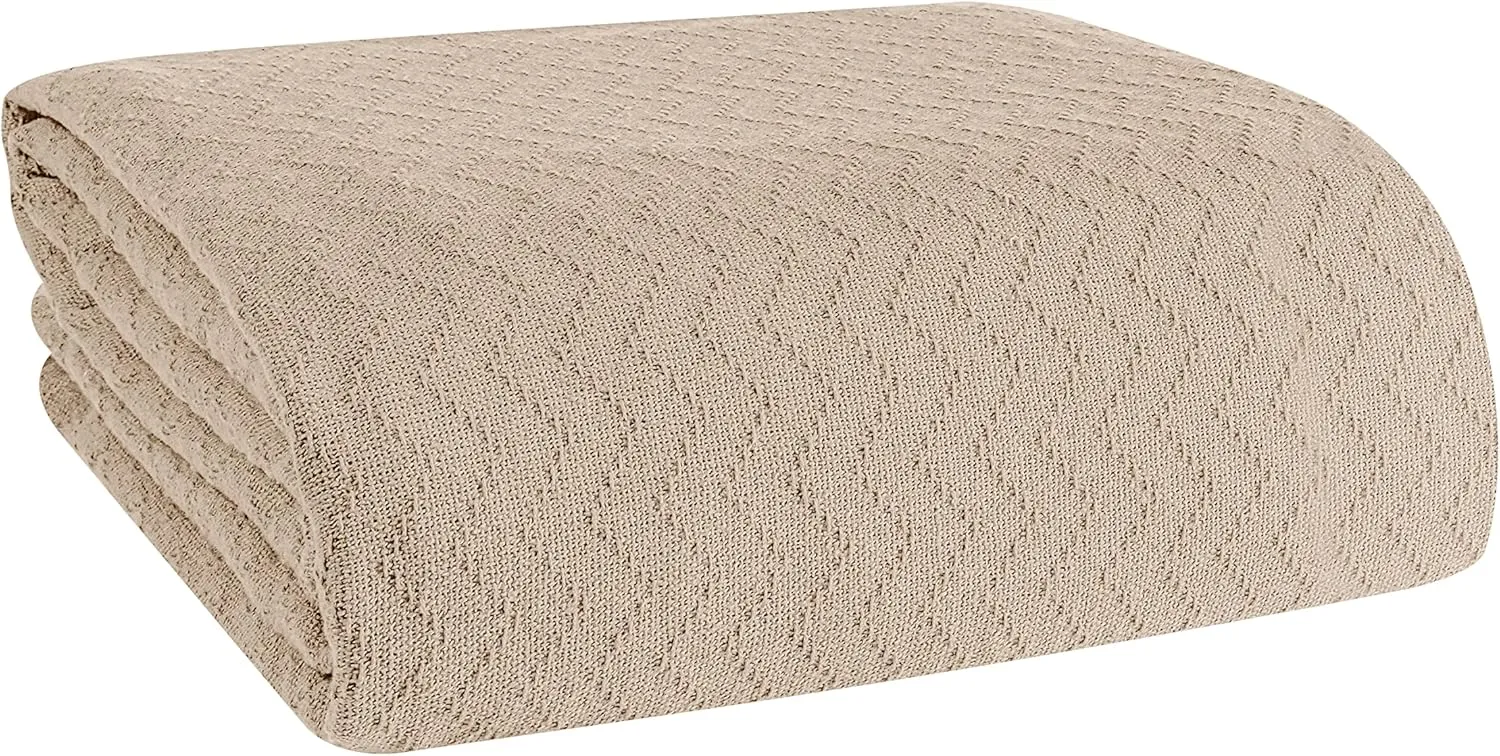 BELIZZI Home 100% Cotton Bed Blanket, Breathable Thermal Blanket Twin Size, Soft Chevron Thermal Blanket 60"x90", Cotton Bed Blanket, Perfect for Layering Any Bed for All Season, Beige
