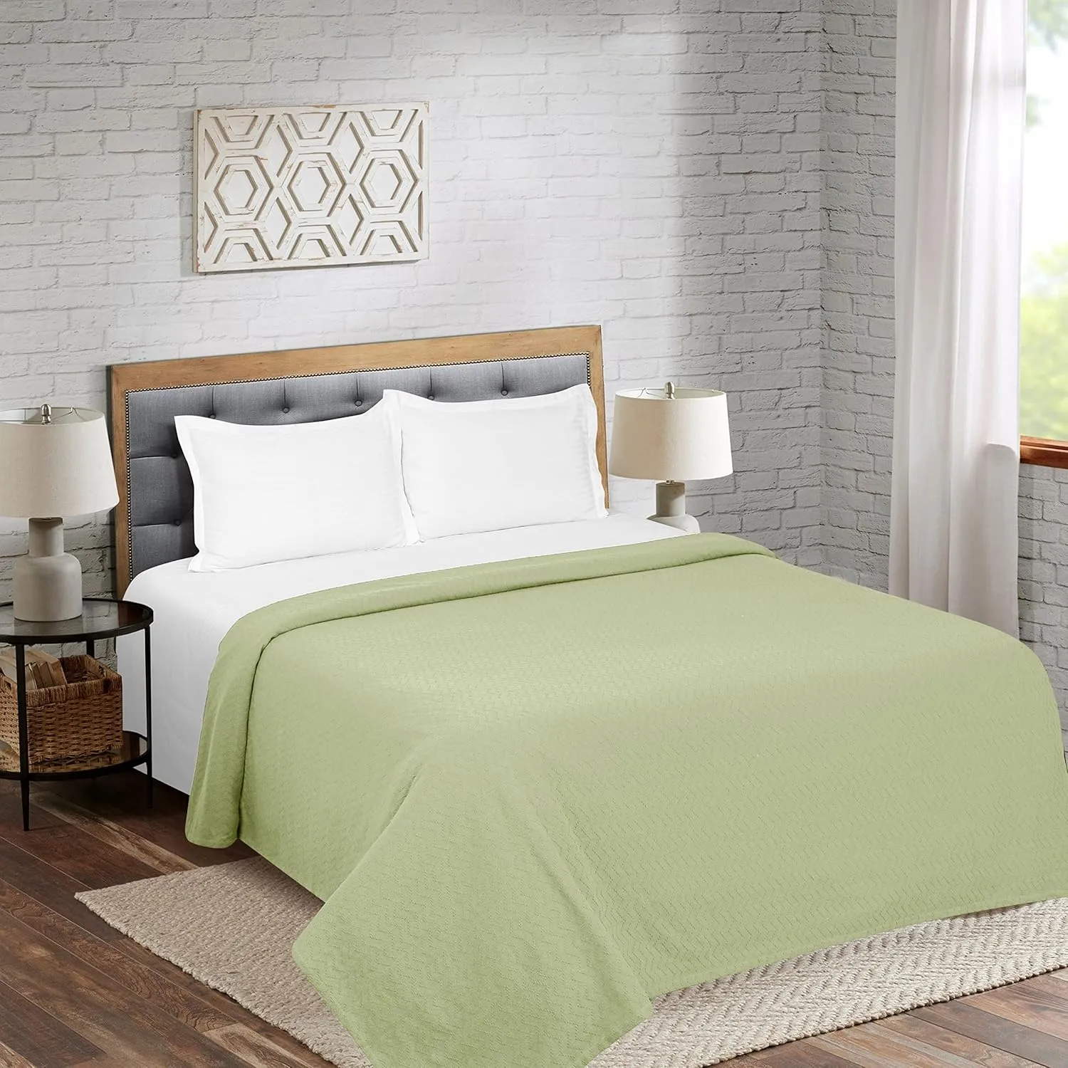 BELIZZI Home 100% Cotton Bed Blanket, Breathable Thermal Blanket Twin Size, Soft Chevron Thermal Blanket 60"x90", Cotton Bed Blanket, Perfect for Layering Any Bed for All Season, Sage Green