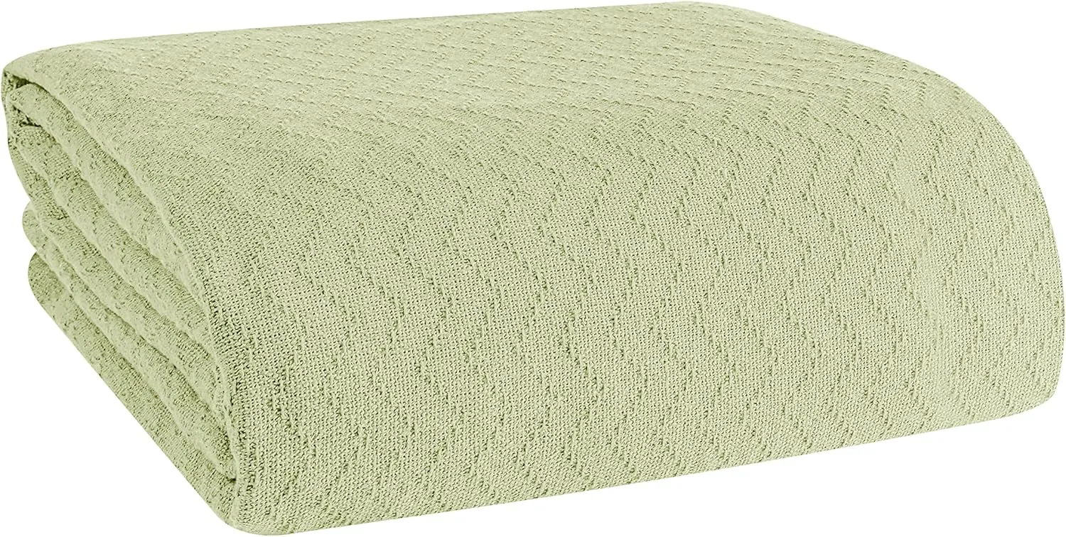 BELIZZI Home 100% Cotton Bed Blanket, Breathable Thermal Blanket Twin Size, Soft Chevron Thermal Blanket 60"x90", Cotton Bed Blanket, Perfect for Layering Any Bed for All Season, Sage Green