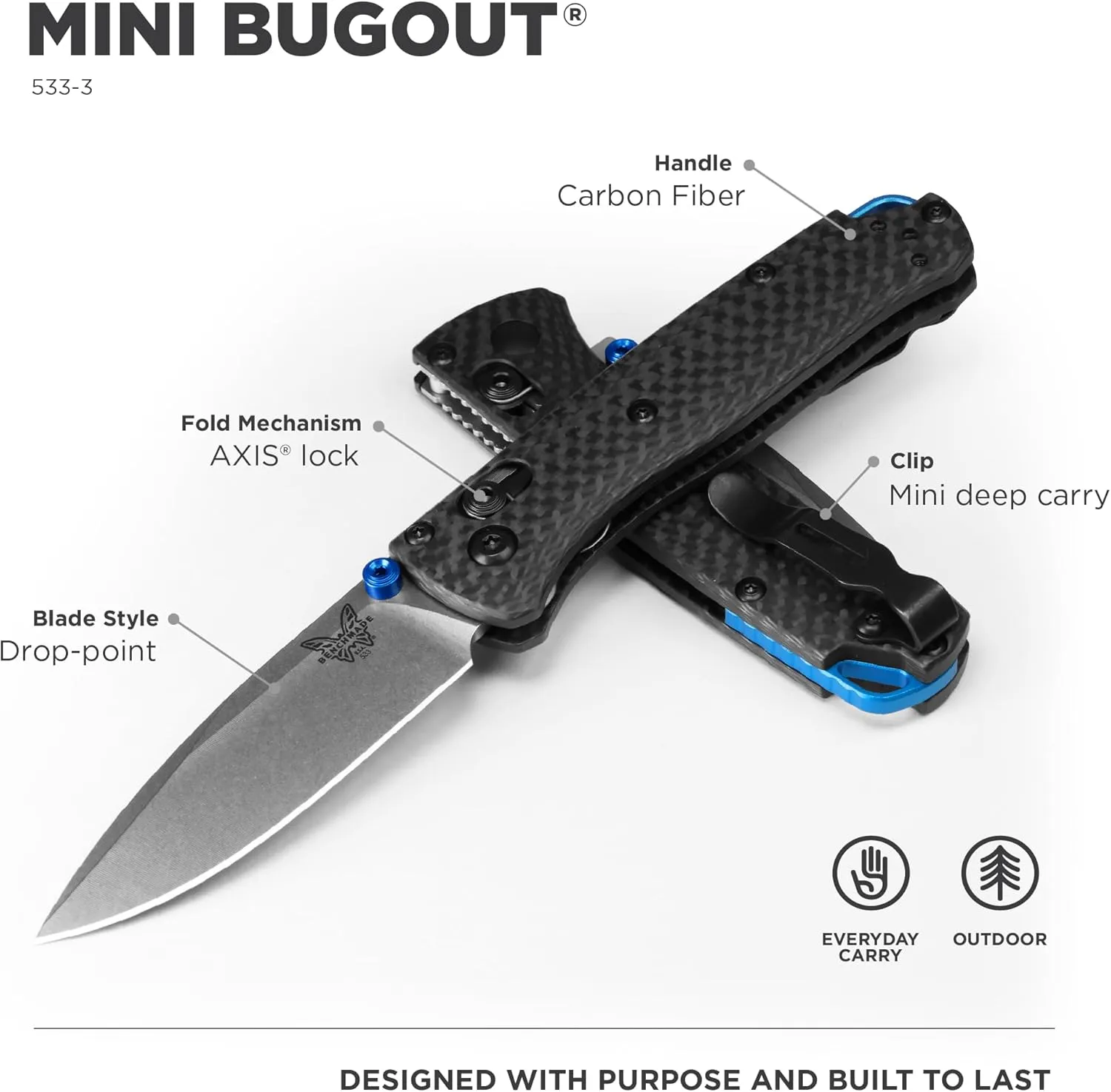 Benchmade - Mini Bugout 533 Folding Knife with Black Carbon Fiber Handle (533-3)