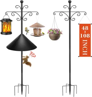 Bird Feeder Pole for Outdoors Heavy Duty Squirrel Proof, 2 Pack 108 Inch Adjustable Tall Shepherds Hooks for Outdoor with 5 Prongs Base, Double Shepherd Hooks for Bird Feeder Stand