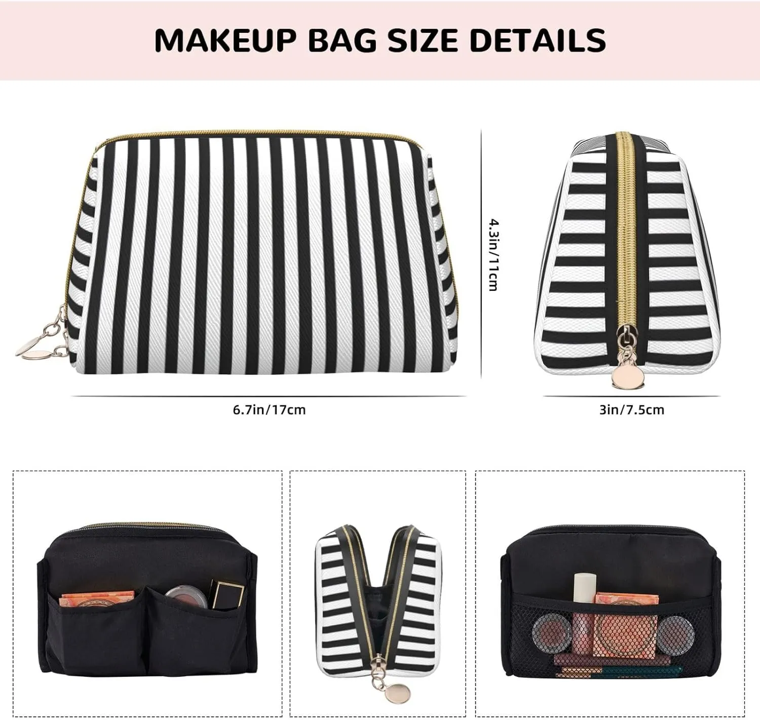 Black & White Stripe Toiletry Pouch, Travel-Friendly Makeup Organizer For Makeup Brushes, Lipsticks