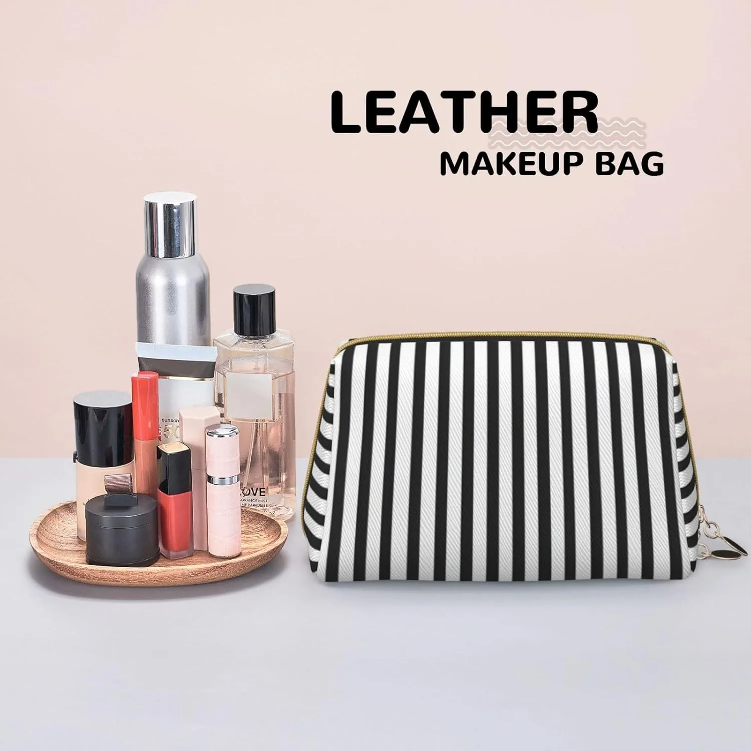 Black & White Stripe Toiletry Pouch, Travel-Friendly Makeup Organizer For Makeup Brushes, Lipsticks