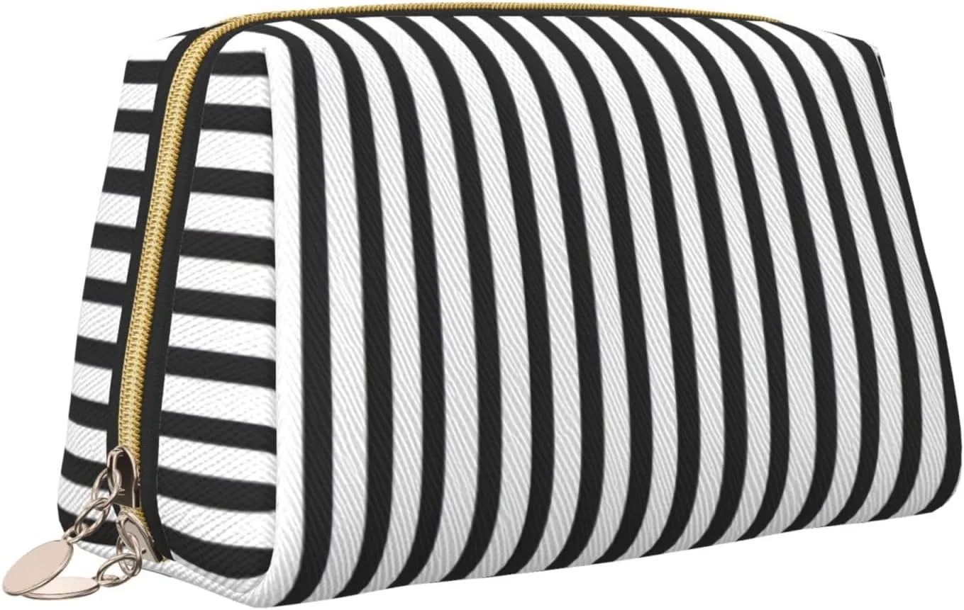 Black & White Stripe Toiletry Pouch, Travel-Friendly Makeup Organizer For Makeup Brushes, Lipsticks