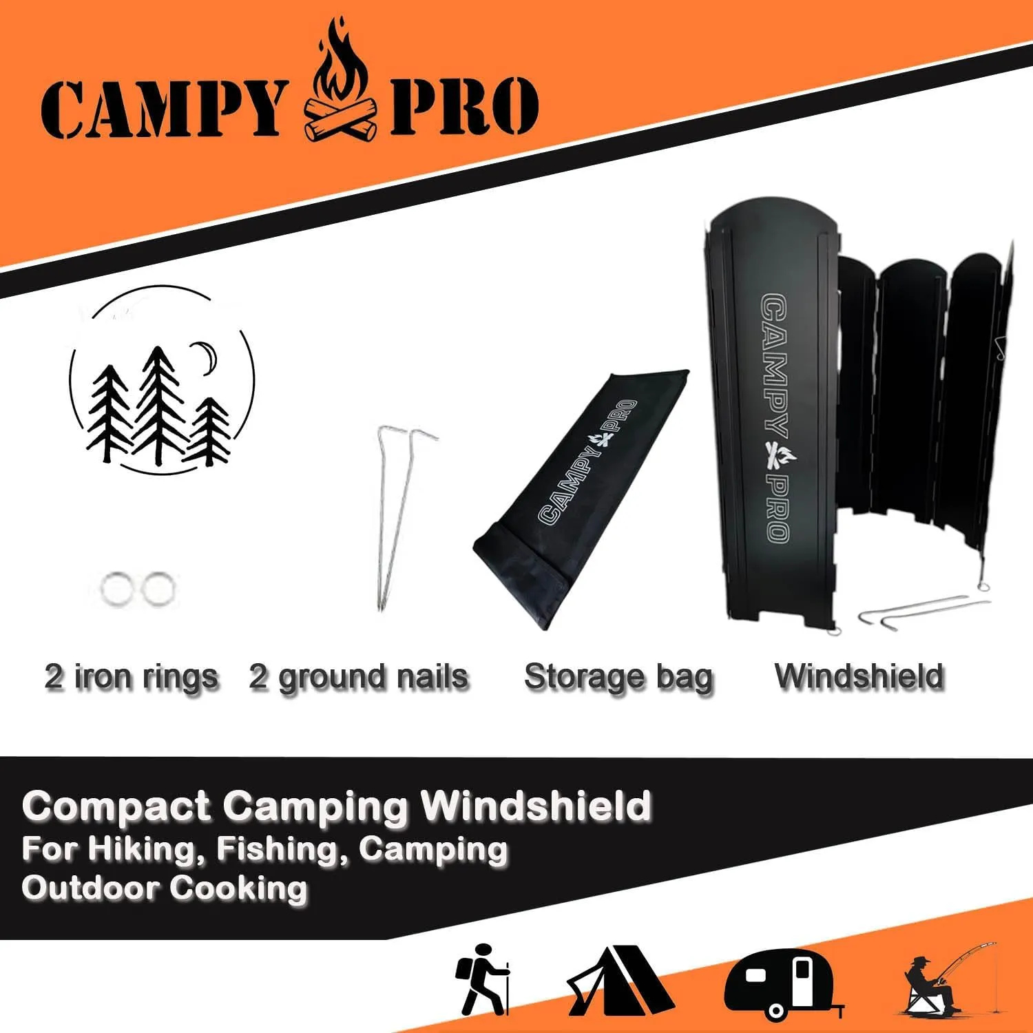Black Camping Stove Windscreen, Tall 8-Panel Foldable Wind Blocker with Stakes & Bag, 23.6inc (60cm) Portable Windshield for Campfire, Firepit, RV, Outdoor Cooking, Hiking, Picnic