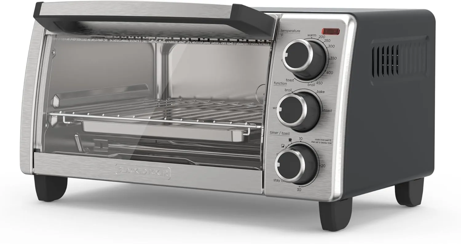 BLACK DECKER 4-Slice Toaster Oven, Even Toast, 4 Cooking Functions Bake, Broil, Toast and Keep Warm, Removable Crumb Tray, Timer