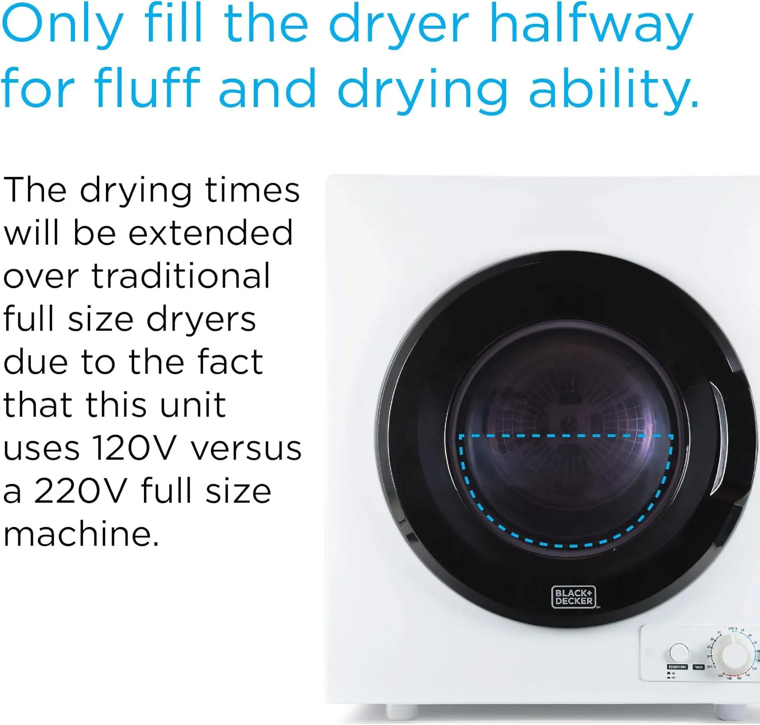BLACK DECKER BCED26 Compact Dryer for Standard Wall Outlet, Small, 5 Modes, Load Volume 8.8 lbs., White