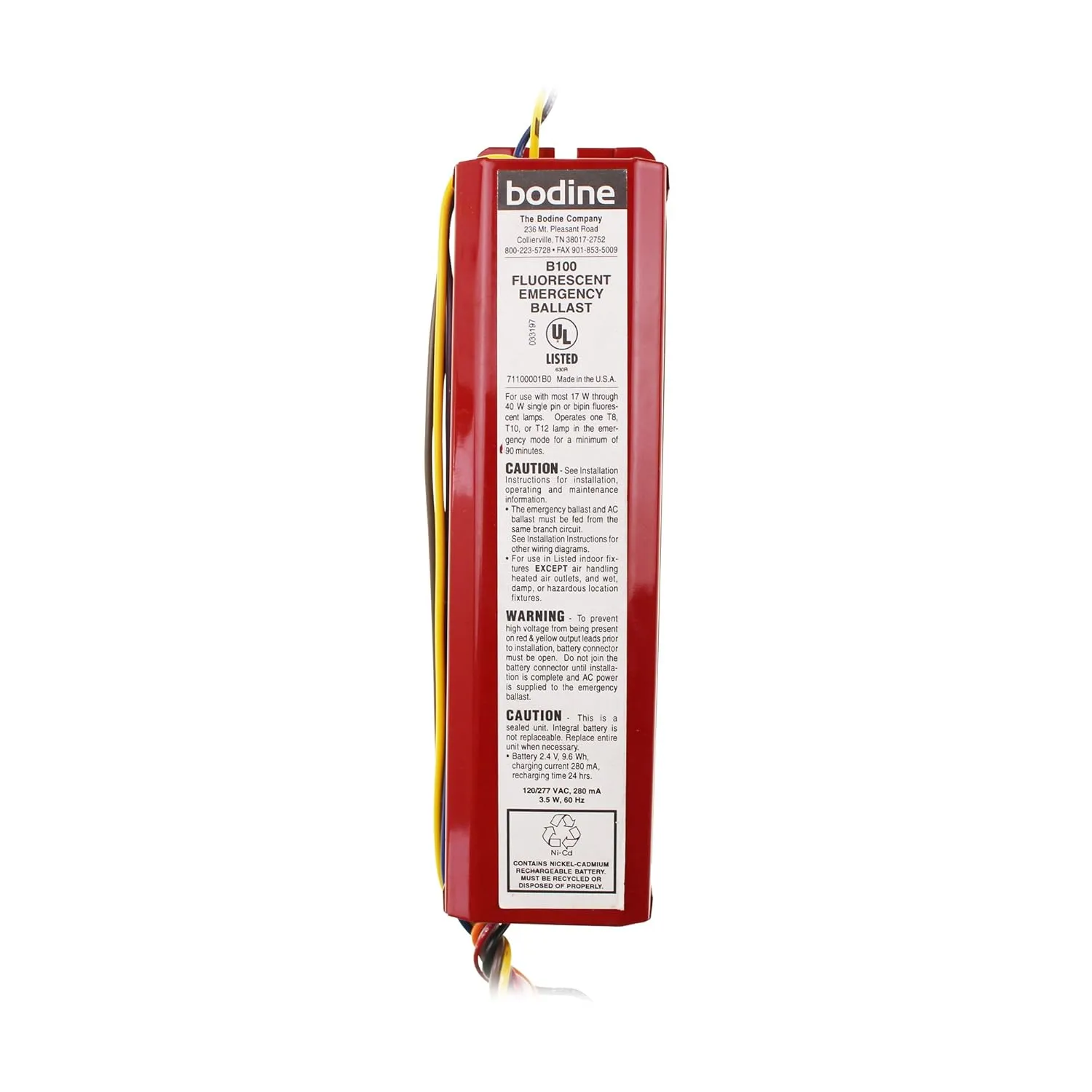 Bodine B100 - Emergency Backup Battery - 90 min. - Operates 17-40 W 2 ft. - 4 ft. T8, T10 or T12 or 4-pin long compact lamps - 120/277 Volt
