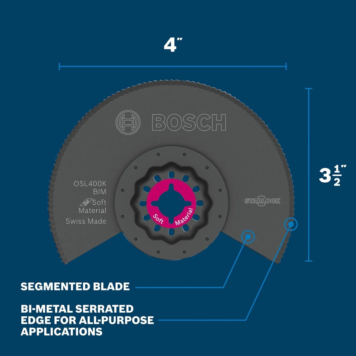 BOSCH OSL400K 1-Piece 4 in. Starlock Oscillating Multi Tool Soft Materials Bi-Metal Serrated Knife Segmented Blade for Cutting Applications in Carpet, Cardboard, Insulation and Other Materials
