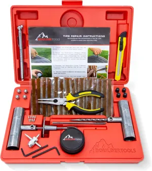 Boulder Tools Tire Repair Kit - Comprehensive Tire Repair Tools Set with Plugs, Valve Tool, and Heavy Duty Case - Flat Tire Repair Kit for Cars, Trucks, Motorcycles, ATVs for Quick Emergency Fixes
