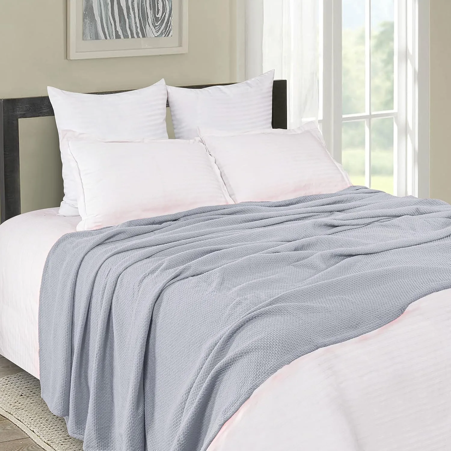 BOUTIQUO 100% Cotton Bed Blanket, Breathable Thermal Twin Size, Soft Honeycomb Waffle Blanket 60"x90", Perfect for Layering Any Bed for All Season, Light Grey