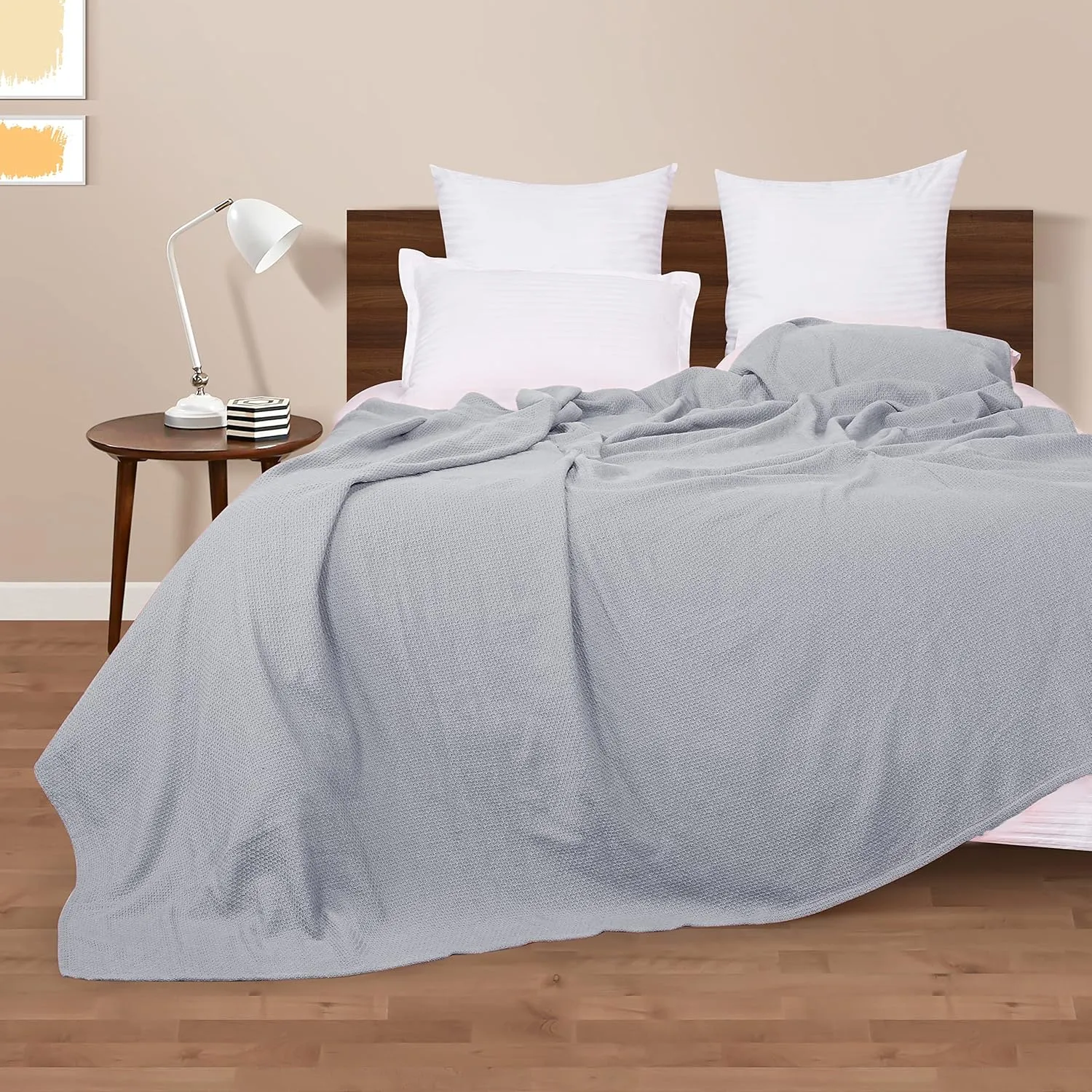 BOUTIQUO 100% Cotton Bed Blanket, Breathable Thermal Twin Size, Soft Honeycomb Waffle Blanket 60"x90", Perfect for Layering Any Bed for All Season, Light Grey