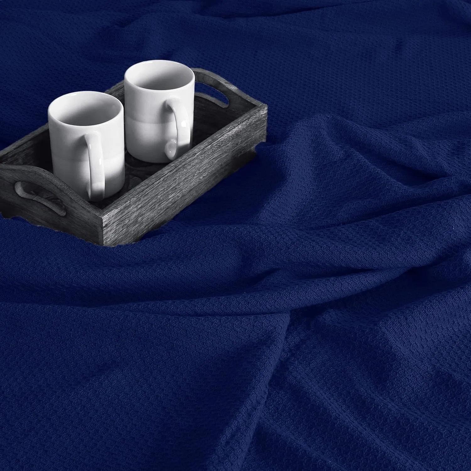 BOUTIQUO 100% Cotton Bed Blanket, Breathable Thermal Twin Size, Soft Honeycomb Waffle Blanket 60"x90", Perfect for Layering Any Bed for All Season, Navy Blue