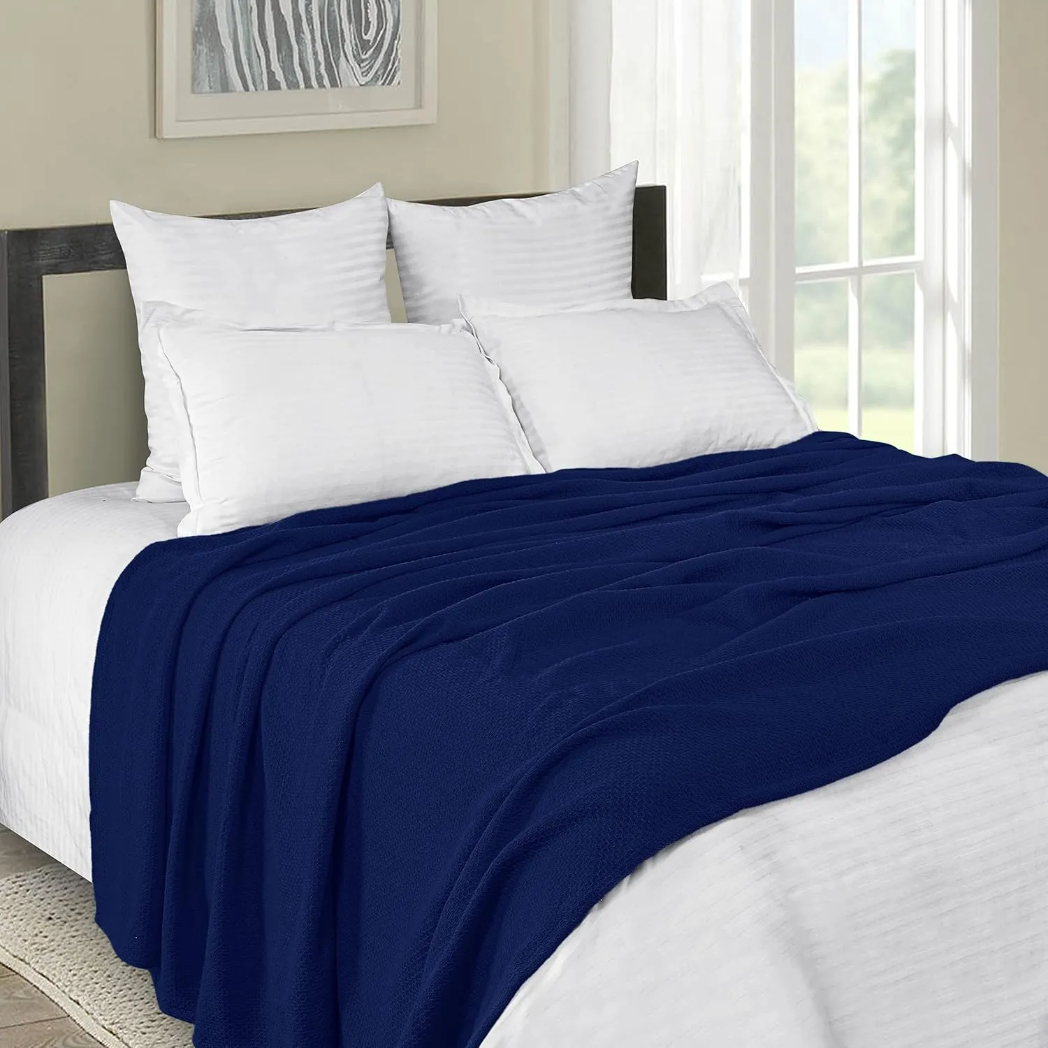 BOUTIQUO 100% Cotton Bed Blanket, Breathable Thermal Twin Size, Soft Honeycomb Waffle Blanket 60"x90", Perfect for Layering Any Bed for All Season, Navy Blue