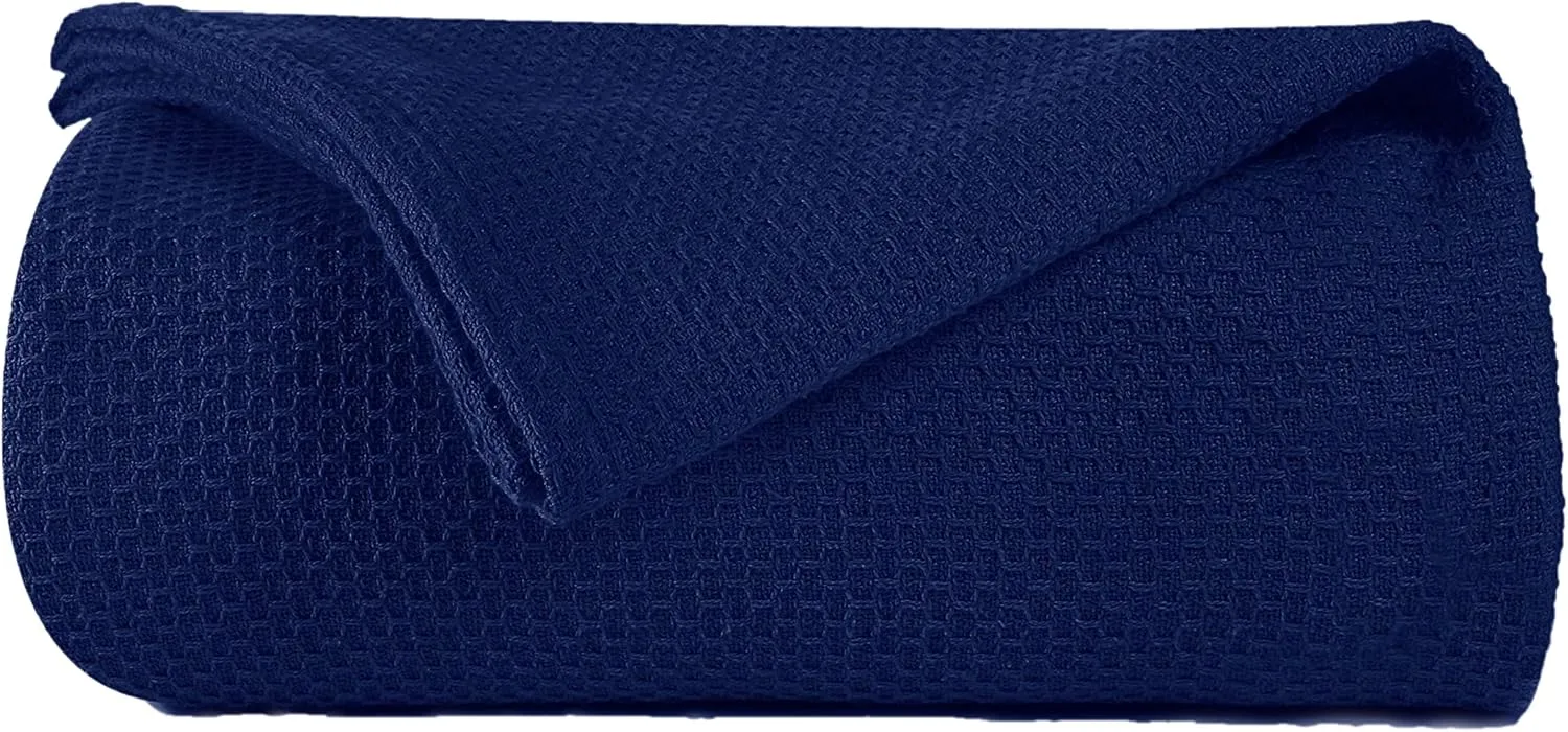 BOUTIQUO 100% Cotton Bed Blanket, Breathable Thermal Twin Size, Soft Honeycomb Waffle Blanket 60"x90", Perfect for Layering Any Bed for All Season, Navy Blue