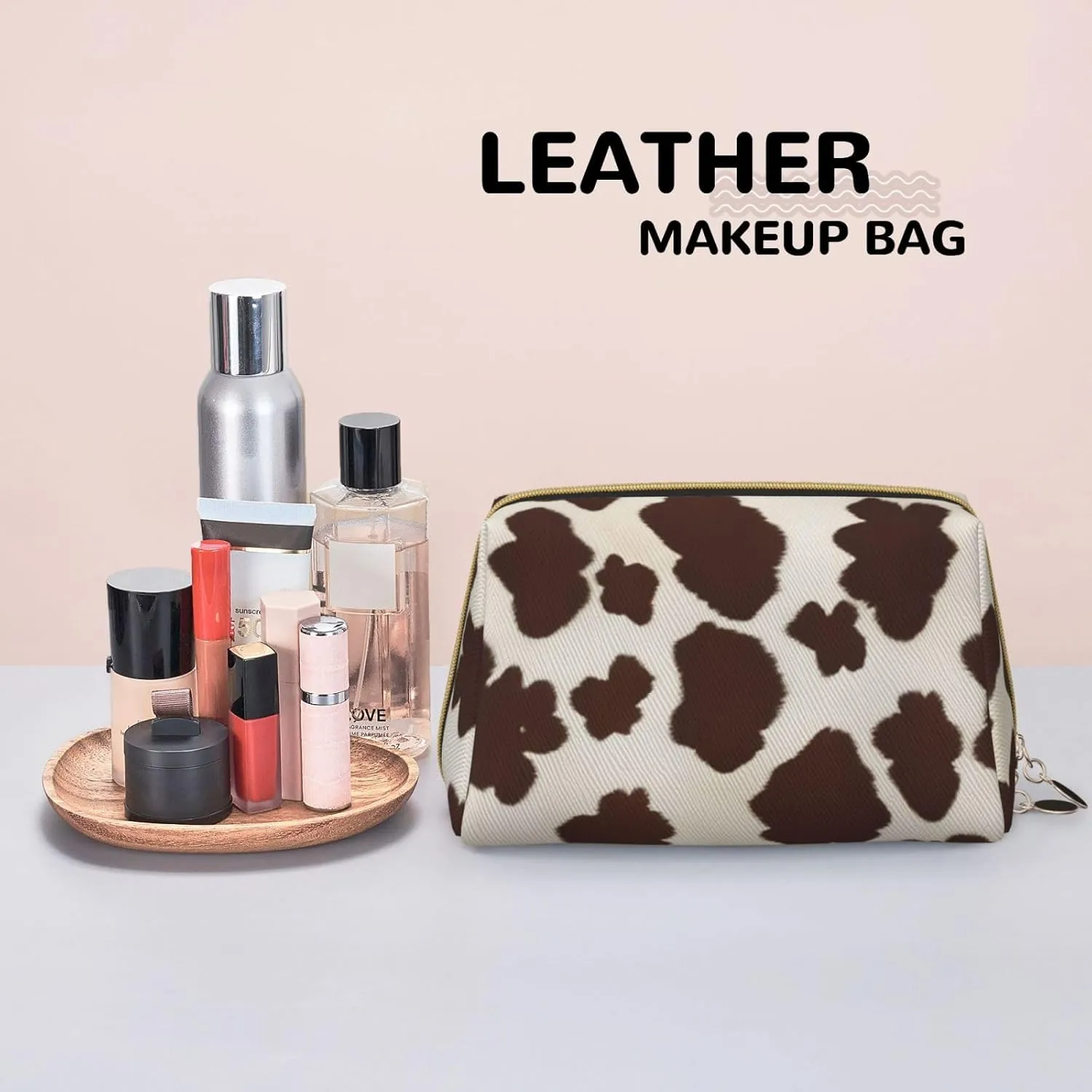 Brown Cowhide Toiletry Pouch, Travel-Friendly Makeup Organizer For Makeup Brushes, Lipsticks