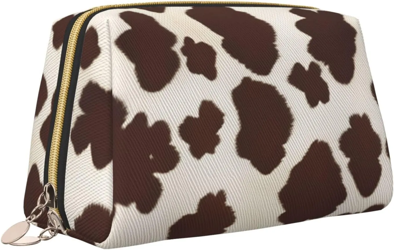 Brown Cowhide Toiletry Pouch, Travel-Friendly Makeup Organizer For Makeup Brushes, Lipsticks