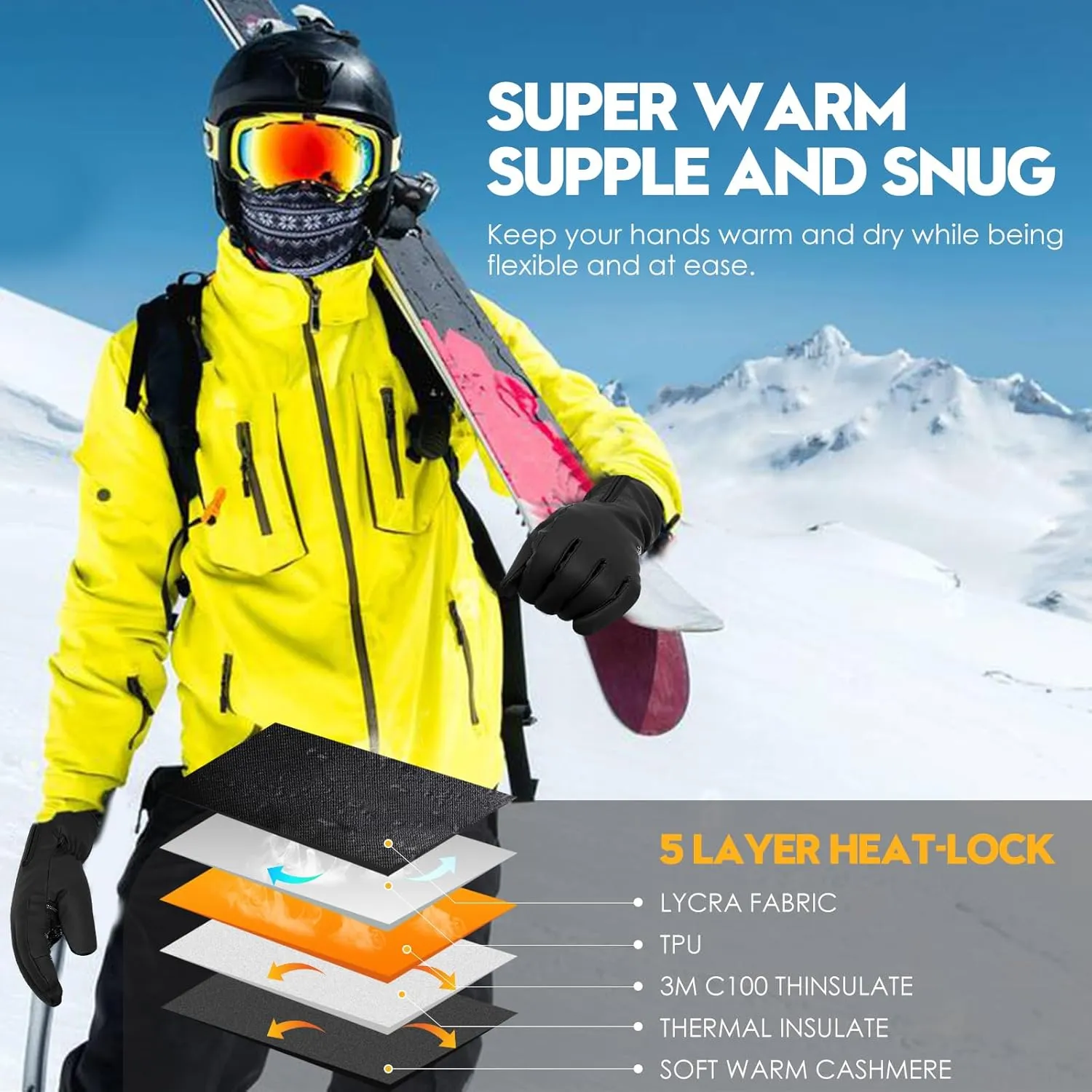 Bruvoalon Y322 Winter Gloves for Men & Women, -30℉ Waterproof Touchscreen 5-Layer Thermal Insulated Snow Gloves, Windproof Anti-Slip Ski Gloves for Cycling, Hiking, Driving, Work