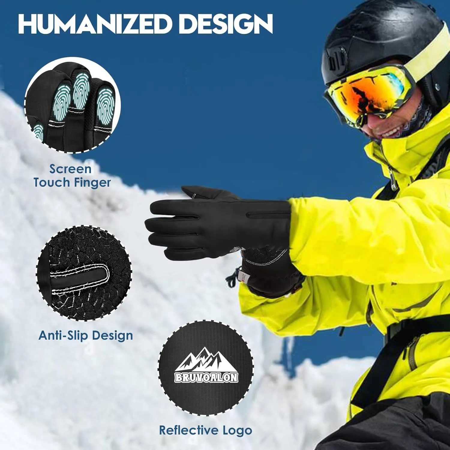 Bruvoalon Y322 Winter Gloves for Men & Women, -30℉ Waterproof Touchscreen 5-Layer Thermal Insulated Snow Gloves, Windproof Anti-Slip Ski Gloves for Cycling, Hiking, Driving, Work