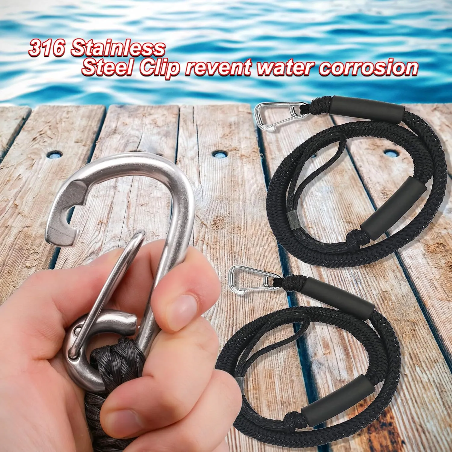 Bungee Dock Lines with Clips - Heavy Duty Marine Grade Elastic Boat Ropes, 1800LB Breaking Strength & Hidden Shock Absorber for Boat, Jet Ski, Kayak, Pontoon, Pickup Truck (3FT/2 Pack)