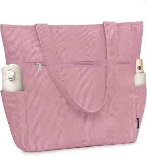 Buringer Corduroy Tote Bag for Women Large Shoulder Bag with Zipper and Pockets for Travel Gym Vacation