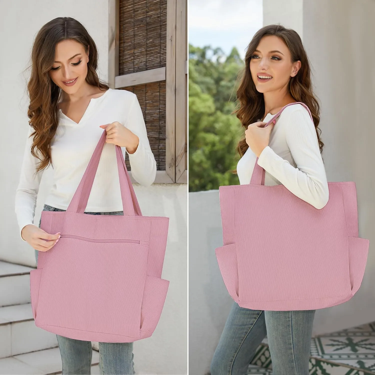 Buringer Corduroy Tote Bag for Women Large Shoulder Bag with Zipper and Pockets for Travel Gym Vacation