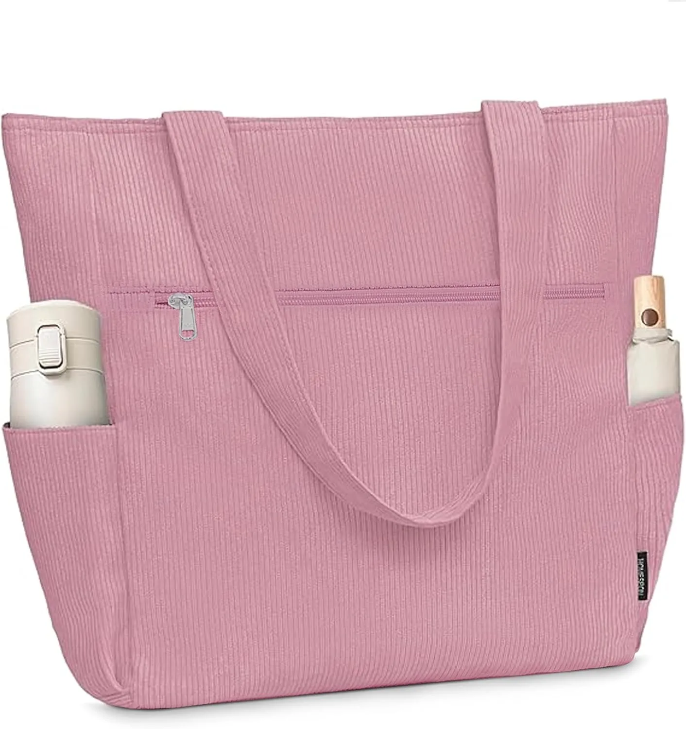 Buringer Corduroy Tote Bag for Women Large Shoulder Bag with Zipper and Pockets for Travel Gym Vacation