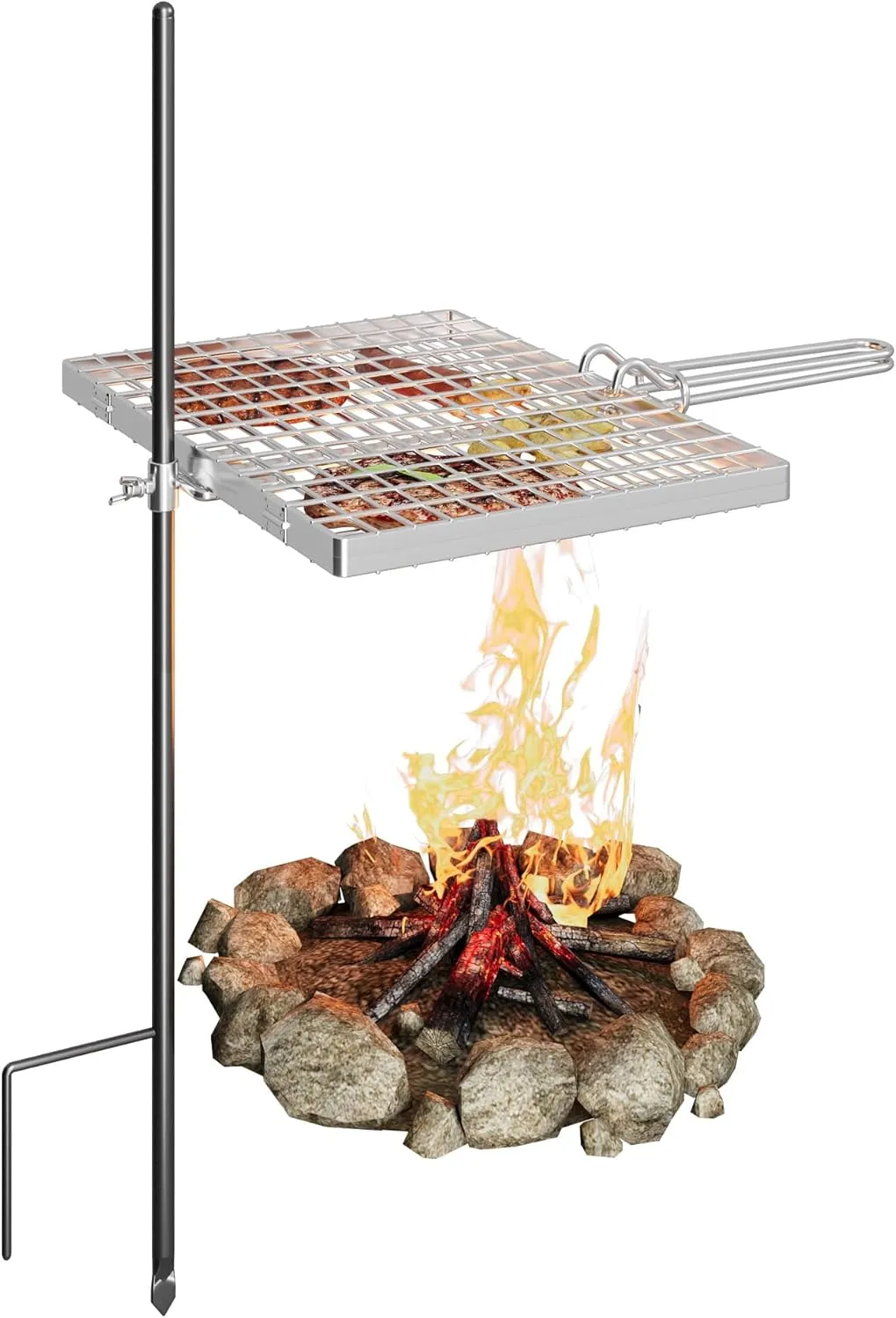 Campfire Grill Stake & Grill, Reversible Campfire Grill, Heavy Duty Steel Grate, Fire Pit Grill Grate Over Fire Pits, Campfire Grill Grate for Outdoor Open Fire Cooking Equipment, Silver