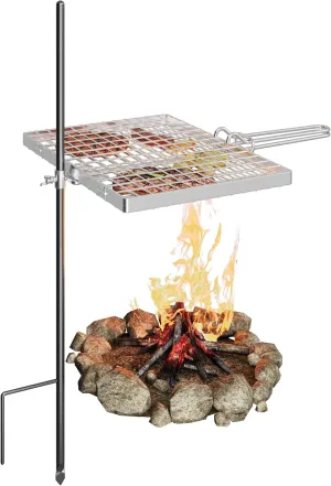 Campfire Grill Stake & Grill, Reversible Campfire Grill, Heavy Duty Steel Grate, Fire Pit Grill Grate Over Fire Pits, Campfire Grill Grate for Outdoor Open Fire Cooking Equipment, Silver