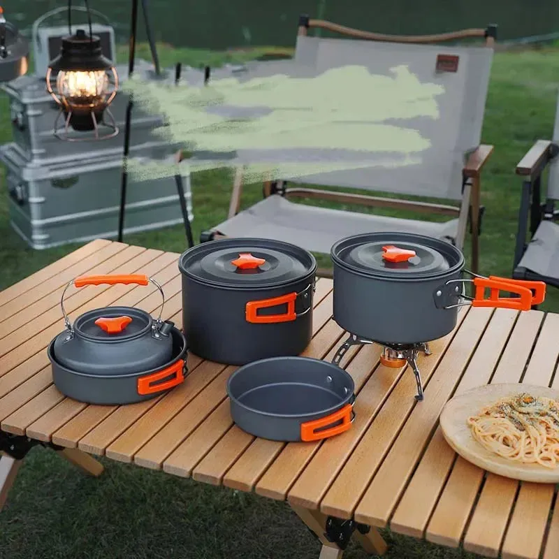 Camping Cookware Set | Portable Aluminum Outdoor Tableware Cookset | Cooking Kit with Pan, Bowl, Kettle, and Pot for Hiking, BBQ, and Picnic
