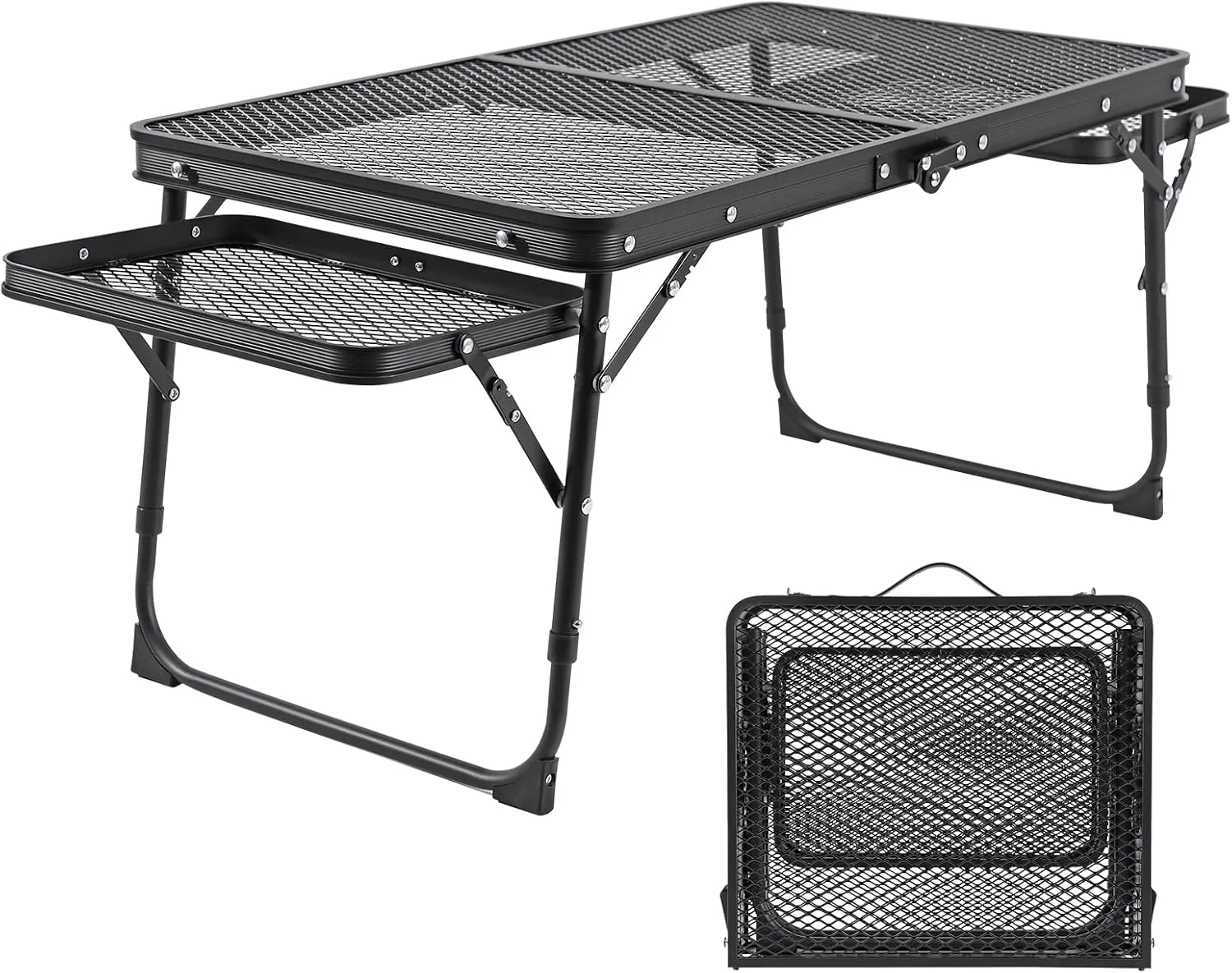 Camping Grill Table with Extension Board, Adjustable Height, Folding, Mesh Top, Portable for Outdoor, Indoor, Beach, BBQ, Picnic, Travel, RV, Black