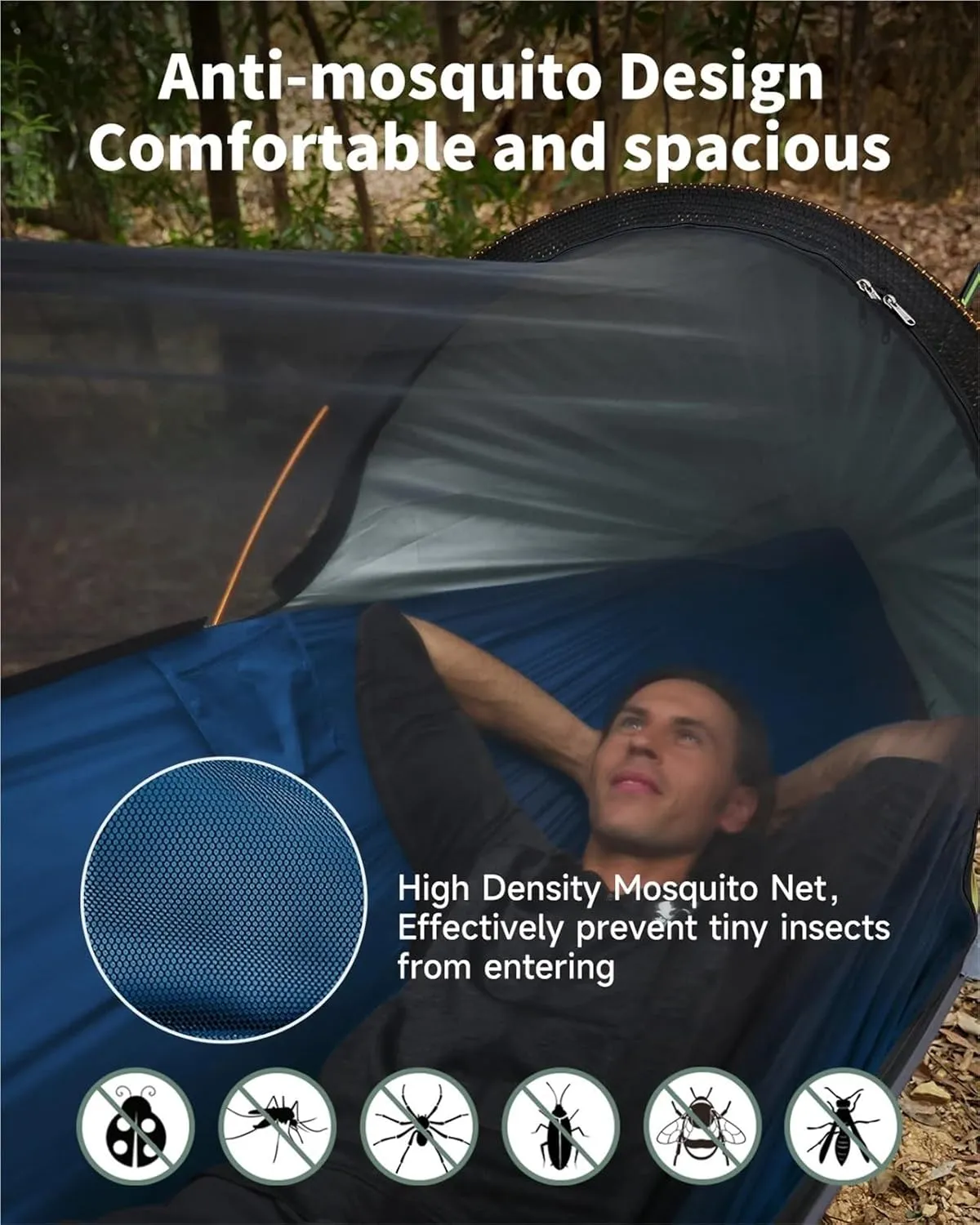 Camping Hammock with Net and Removable Sunshade Easy Setup & Pack Perfect for Hiking Backpacking Outdoor Travel(Blue)