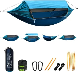 Camping Hammock with Net and Removable Sunshade Easy Setup & Pack Perfect for Hiking Backpacking Outdoor Travel(Blue)
