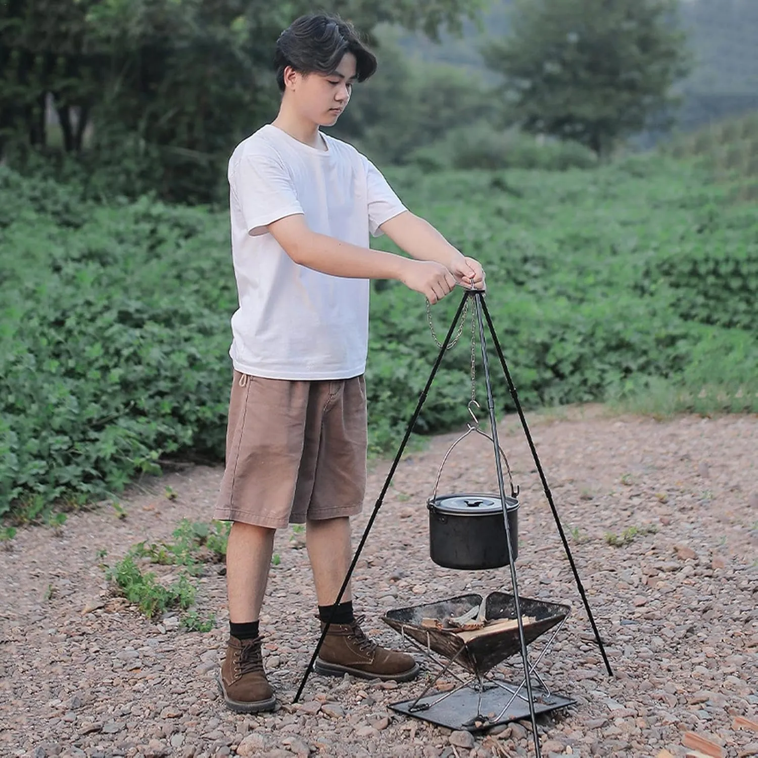 Camping Tripod Stove - Portable tripods Cooker, Campfire tri pod Grill | Tris pods Grills Lantern Hangers Grate with Adjustable Height for Cooking Over Fires, Easy Storage Lanterns Hanging