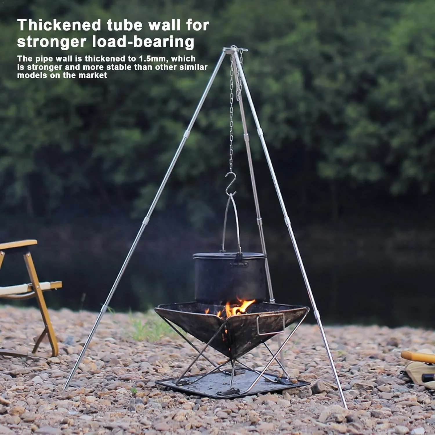 Camping Tripod Stove - Portable tripods Cooker, Campfire tri pod Grill | Tris pods Grills Lantern Hangers Grate with Adjustable Height for Cooking Over Fires, Easy Storage Lanterns Hanging