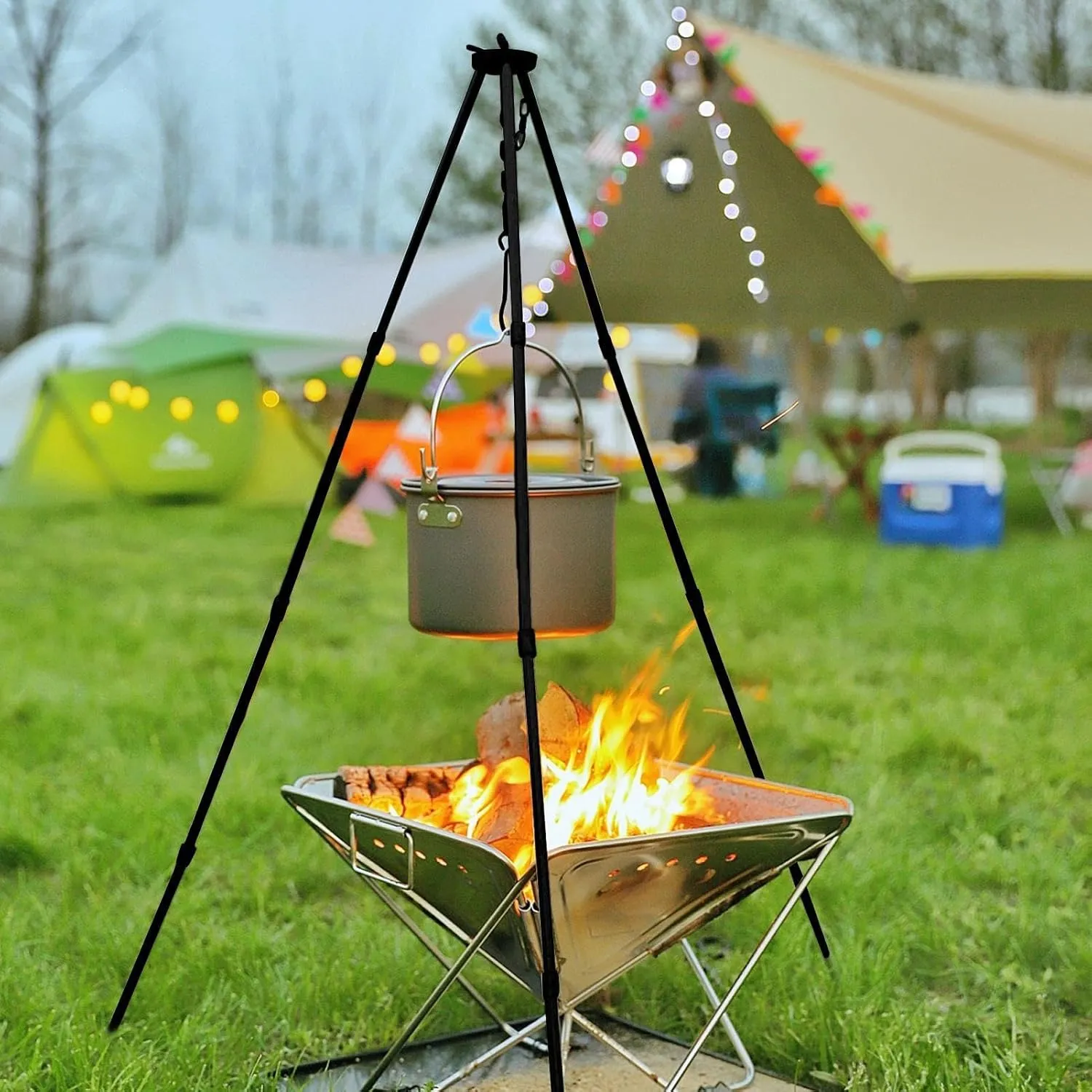 Camping Tripod Stove - Portable tripods Cooker, Campfire tri pod Grill | Tris pods Grills Lantern Hangers Grate with Adjustable Height for Cooking Over Fires, Easy Storage Lanterns Hanging