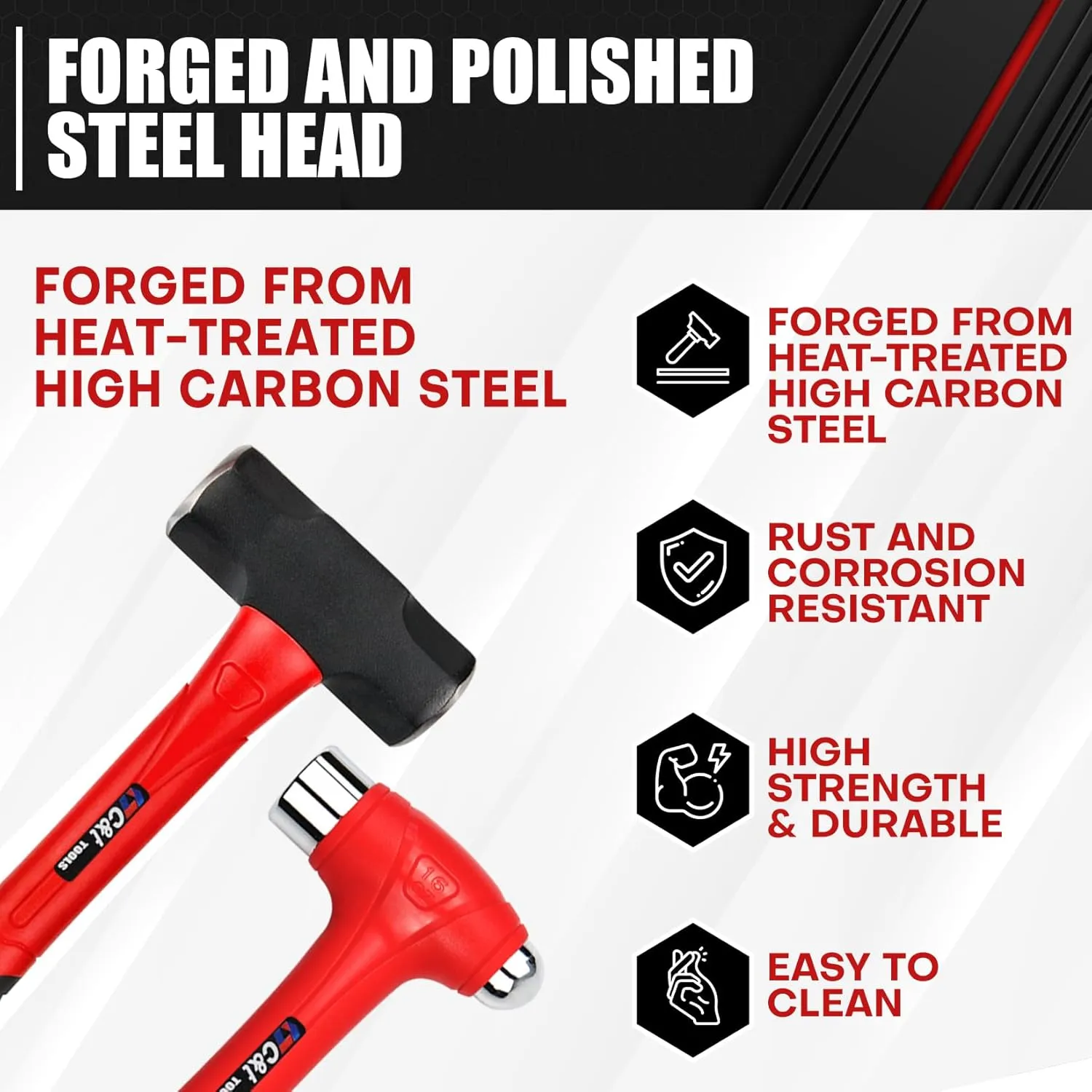 C&T 5-Piece Hammer Set, 16oz Ball Peen Hammer | 32oz Ball Peen Hammer | 32oz Rubber Mallet | 3lb Sledge Hammer | 3lb Cross Peen, Fiberglass Handle & Mallet Set, With Shock Reduction Grip