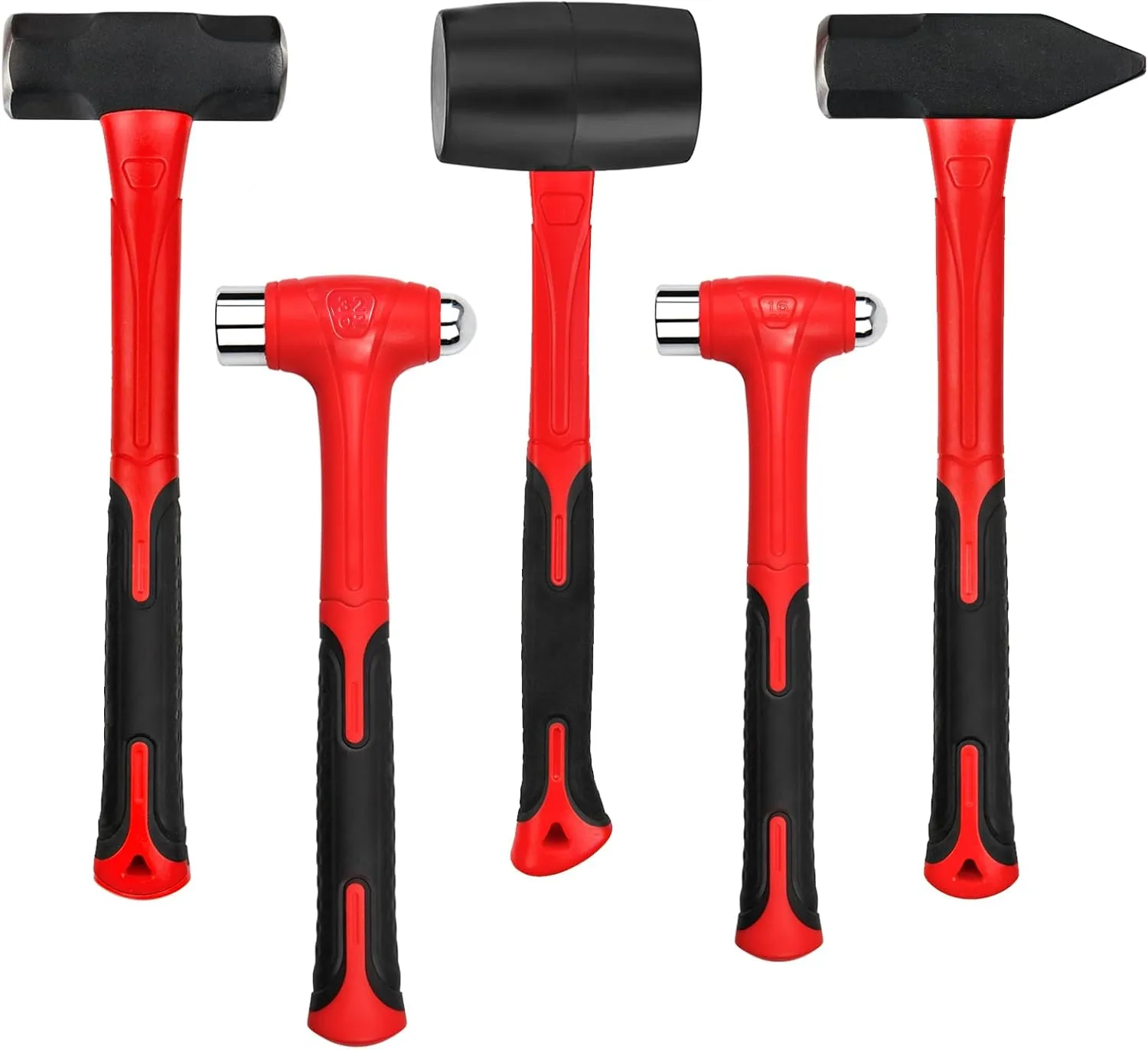 C&T 5-Piece Hammer Set, 16oz Ball Peen Hammer | 32oz Ball Peen Hammer | 32oz Rubber Mallet | 3lb Sledge Hammer | 3lb Cross Peen, Fiberglass Handle & Mallet Set, With Shock Reduction Grip