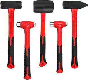 C&T 5-Piece Hammer Set, 16oz Ball Peen Hammer | 32oz Ball Peen Hammer | 32oz Rubber Mallet | 3lb Sledge Hammer | 3lb Cross Peen, Fiberglass Handle & Mallet Set, With Shock Reduction Grip