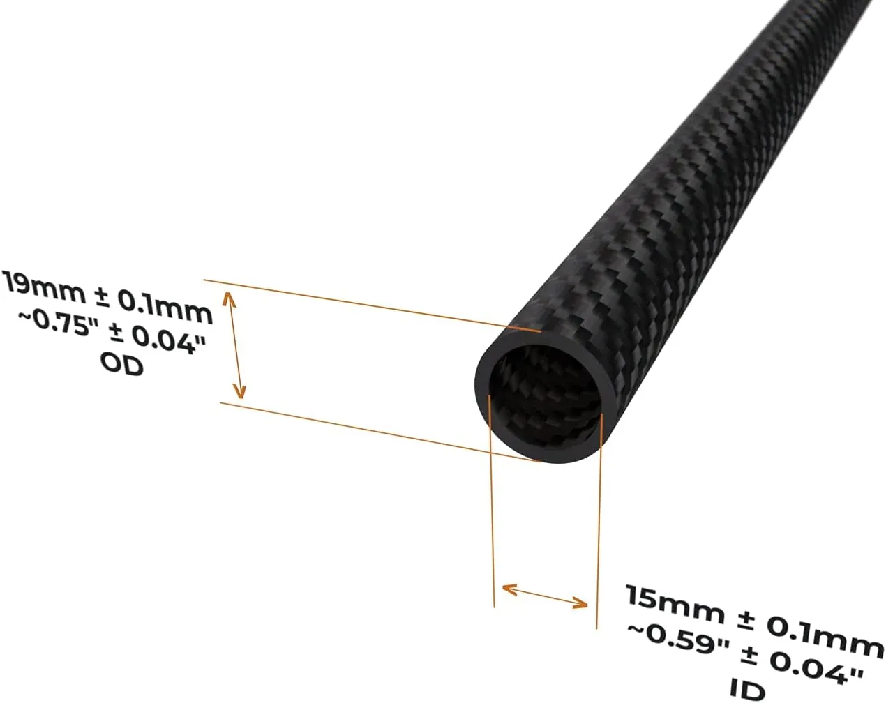 Carbon Fiber Tube - 3K Twill Weave Pattern, Matte Finish [Nominal - 3/4in OD, 9/16in ID, 49.2in Length, 1/16in Wall Thickness] [Actual - 19mm OD, 15mm ID, 1250mm Length, 2mm Wall Thickness]