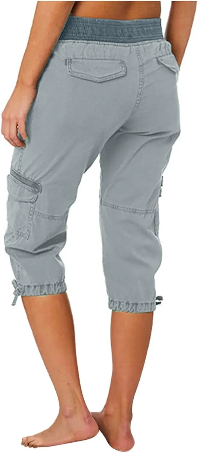 Cargo Capri Pants Women Plus Size Elastic Waist Drawstring Adjustable Legs Summer Casual Comfy Hiking Capris
